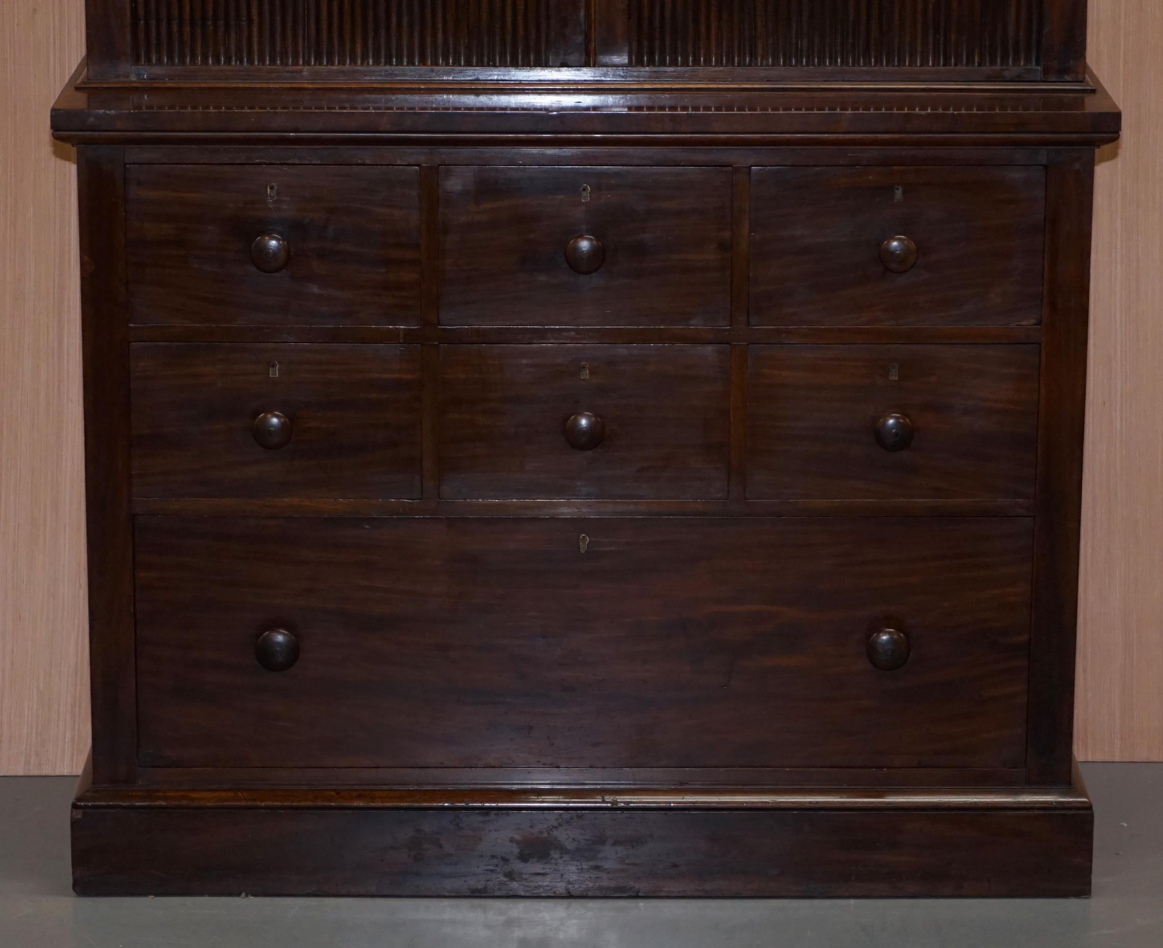 English Very Rare Victorian Tambour Door Cupboard Bookcase on Bank Chest of Drawers For Sale