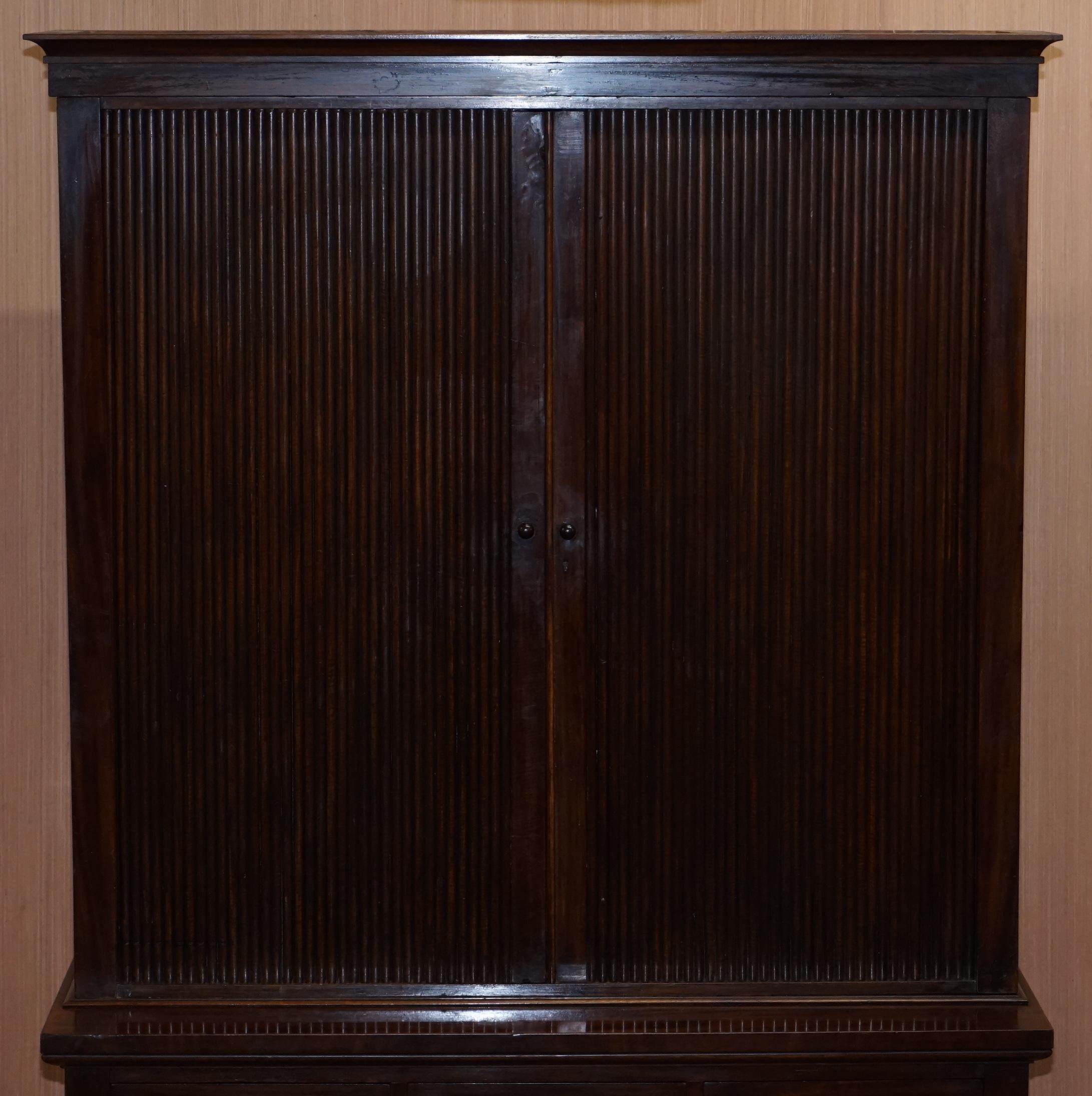 English Very Rare Victorian Tambour Door Cupboard Bookcase on Bank Chest of Drawers For Sale