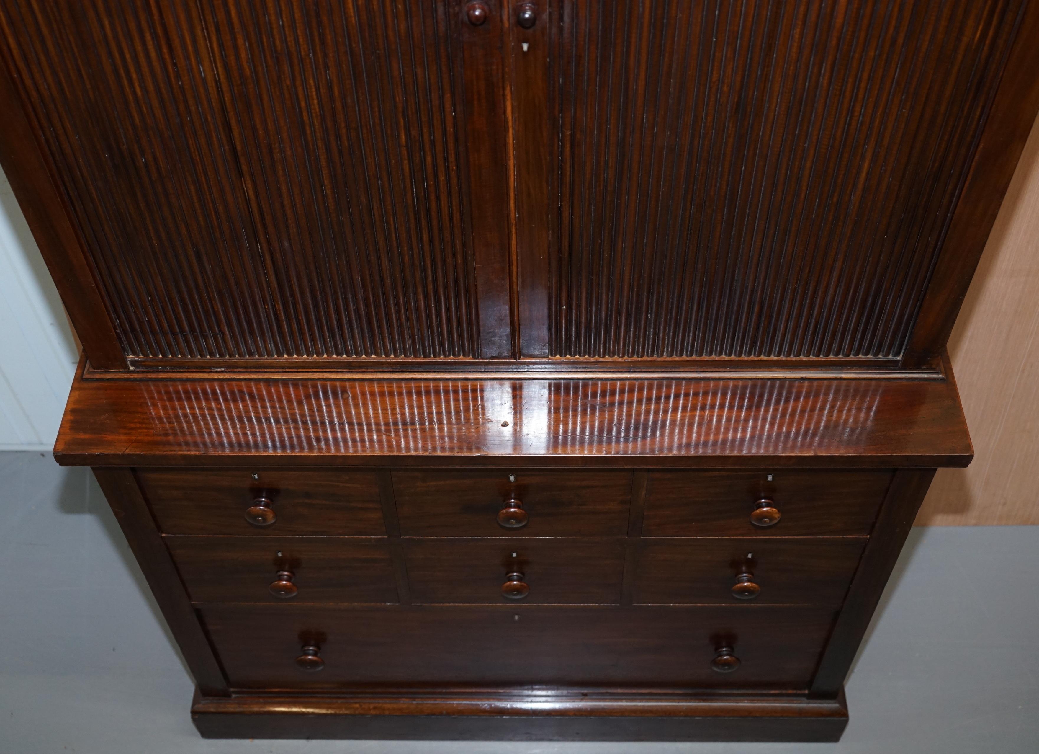 Very Rare Victorian Tambour Door Cupboard Bookcase on Bank Chest of Drawers For Sale 3