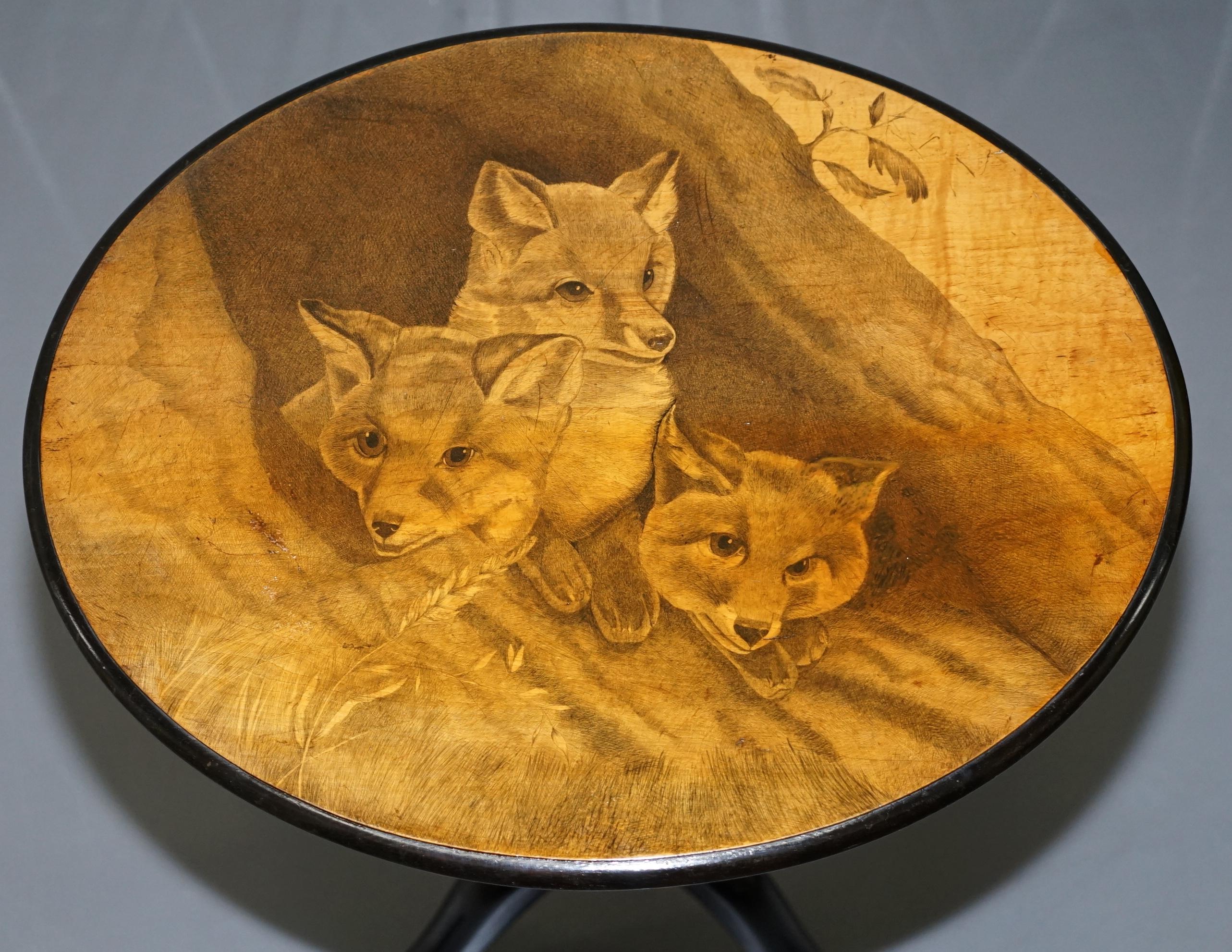 Very Rare Victorian Tilt Top Ebonised Table with Pen Work Drawings of Fox Cubs For Sale 5