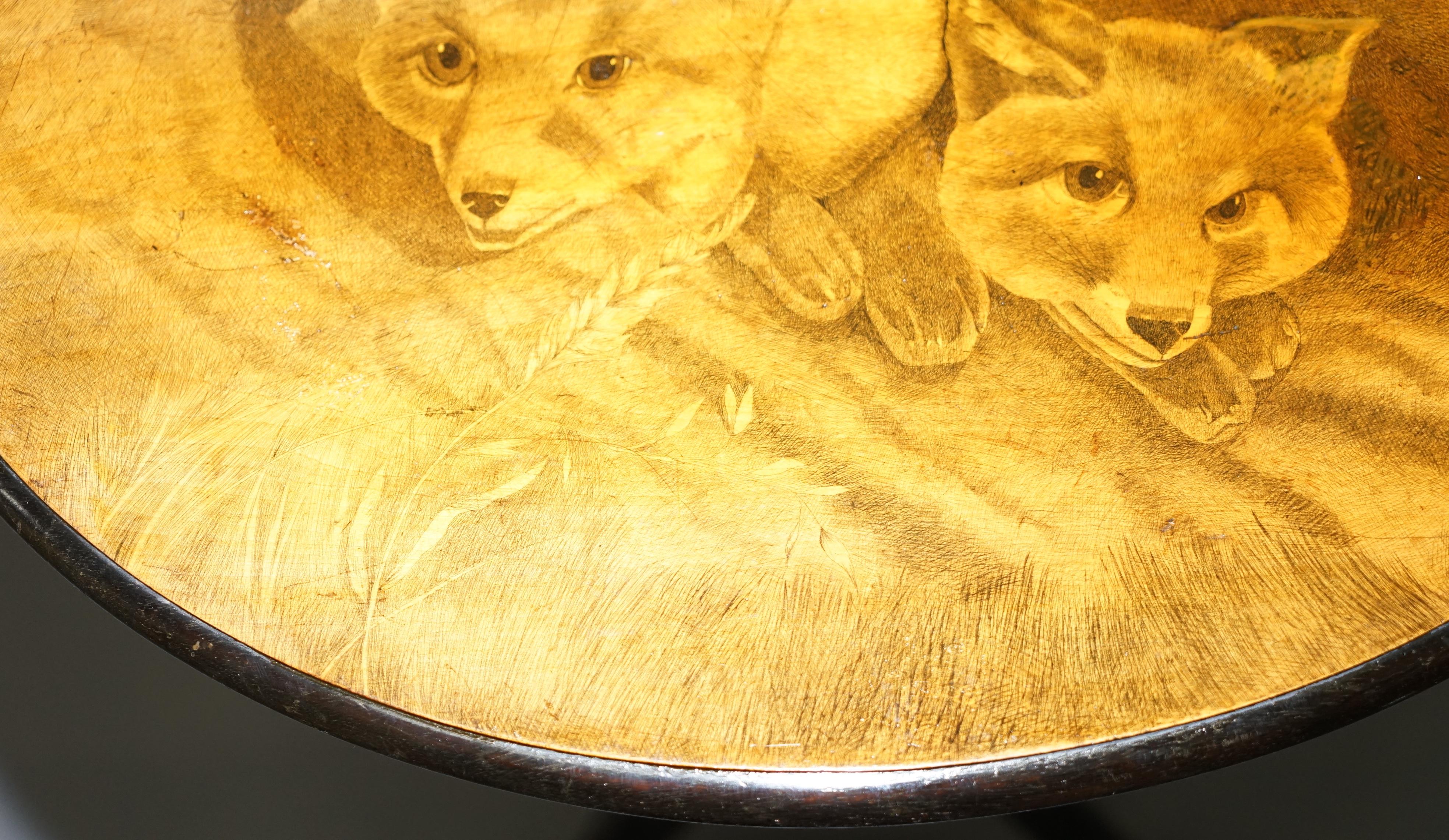 Very Rare Victorian Tilt Top Ebonised Table with Pen Work Drawings of Fox Cubs For Sale 11