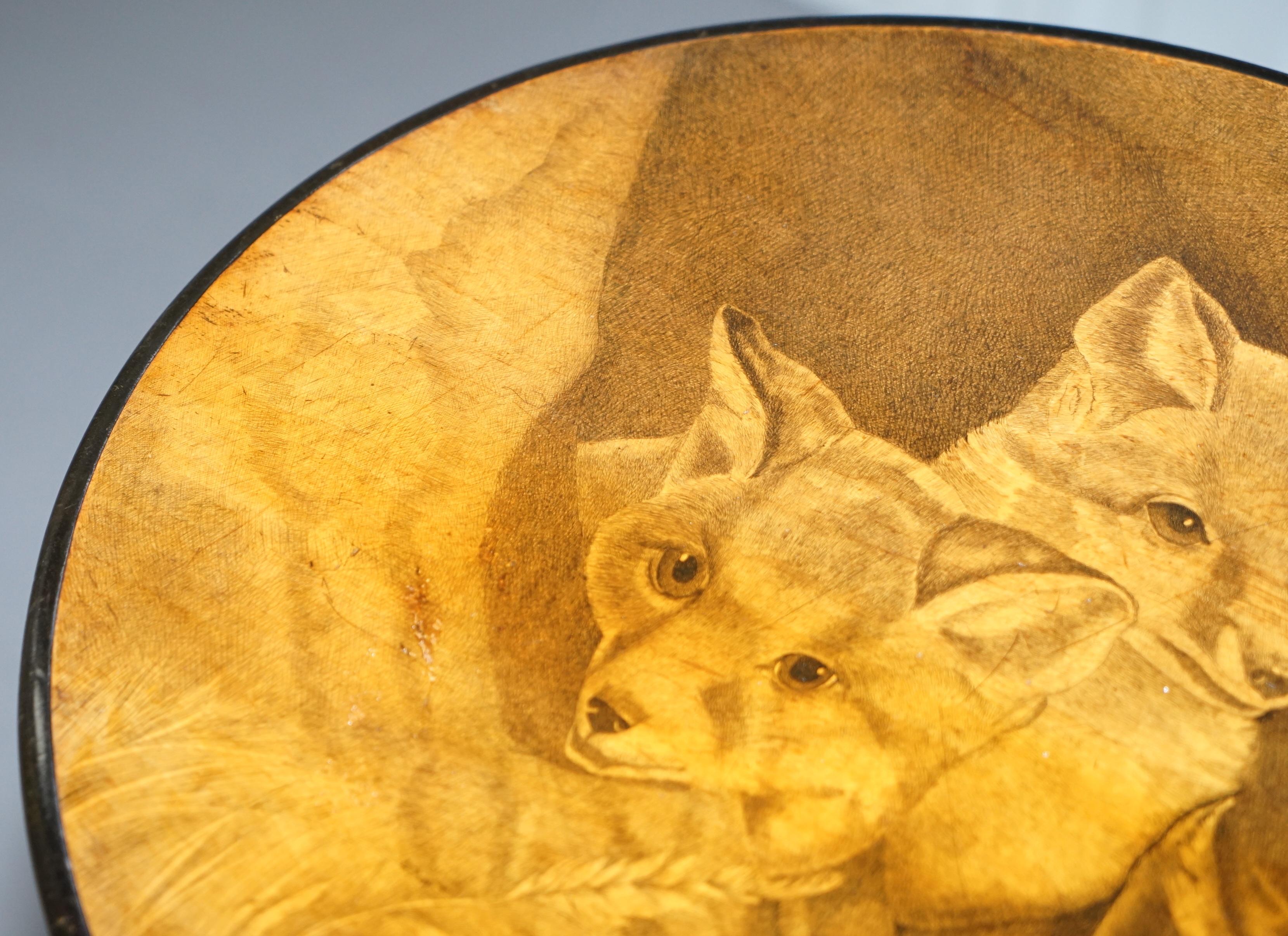 Very Rare Victorian Tilt Top Ebonised Table with Pen Work Drawings of Fox Cubs For Sale 13