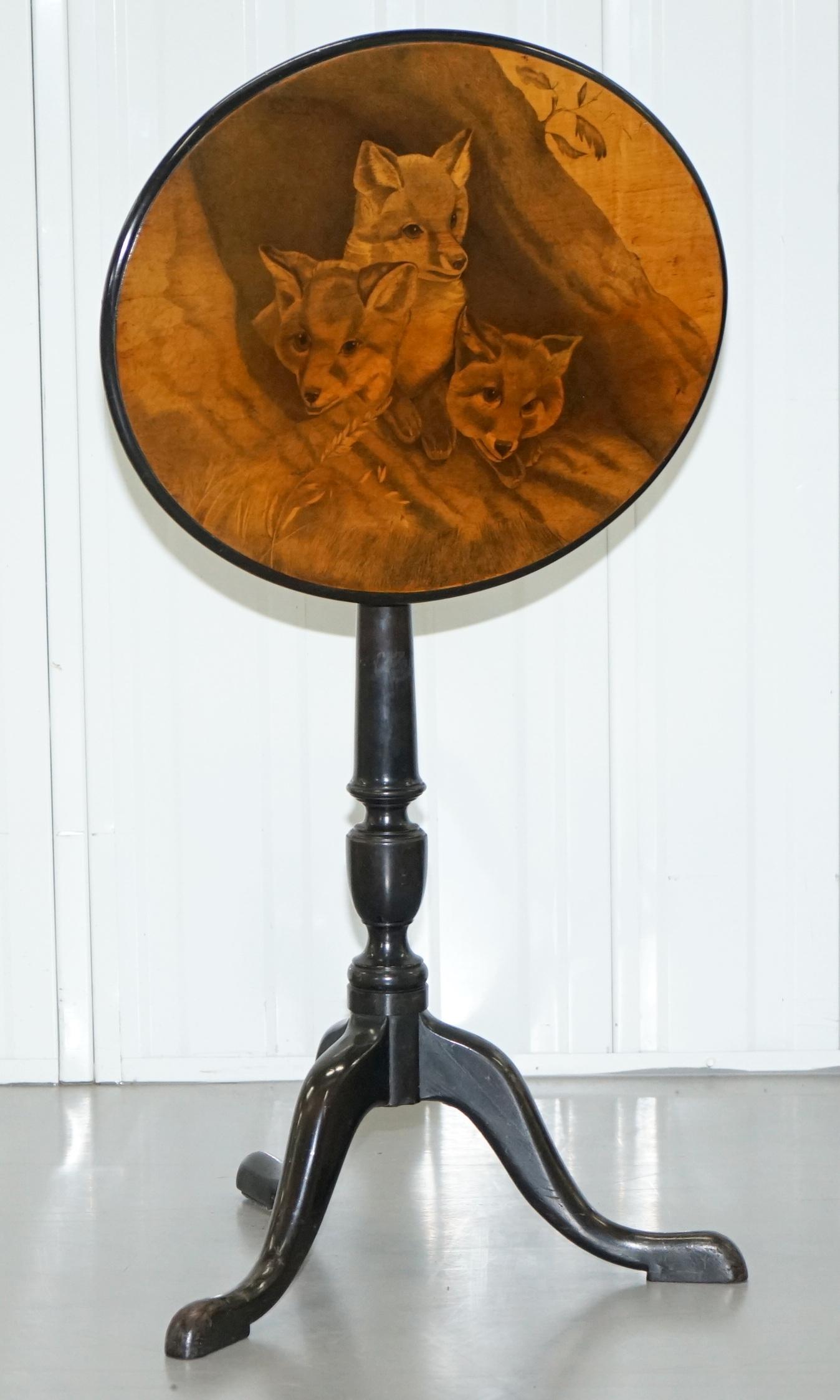 Hardwood Very Rare Victorian Tilt Top Ebonised Table with Pen Work Drawings of Fox Cubs For Sale