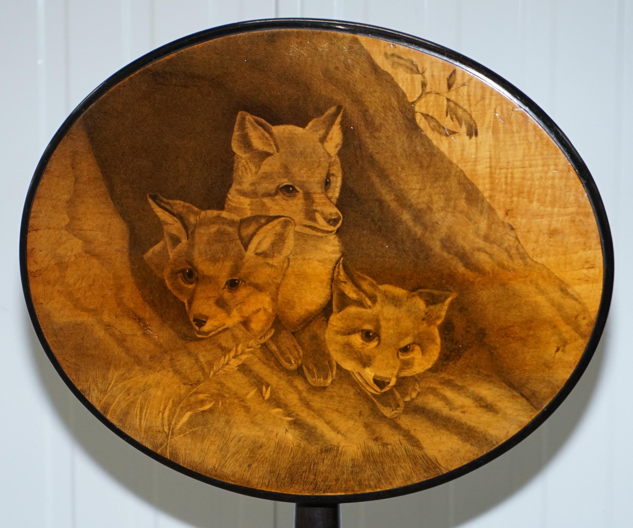 Very Rare Victorian Tilt Top Ebonised Table with Pen Work Drawings of Fox Cubs For Sale 1