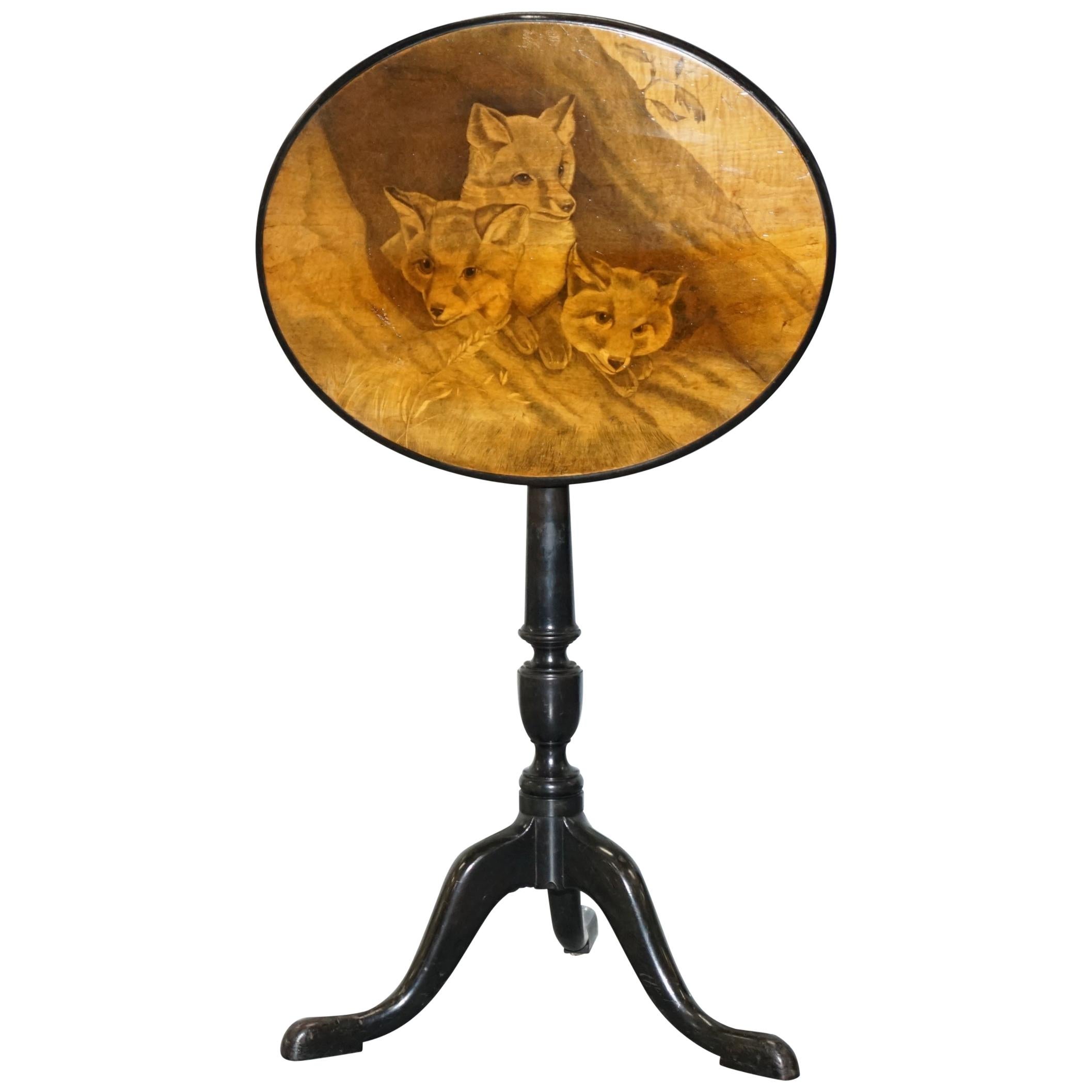 Very Rare Victorian Tilt Top Ebonised Table with Pen Work Drawings of Fox Cubs For Sale