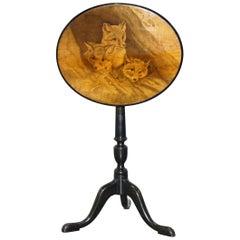 Very Rare Victorian Tilt Top Ebonised Table with Pen Work Drawings of Fox Cubs