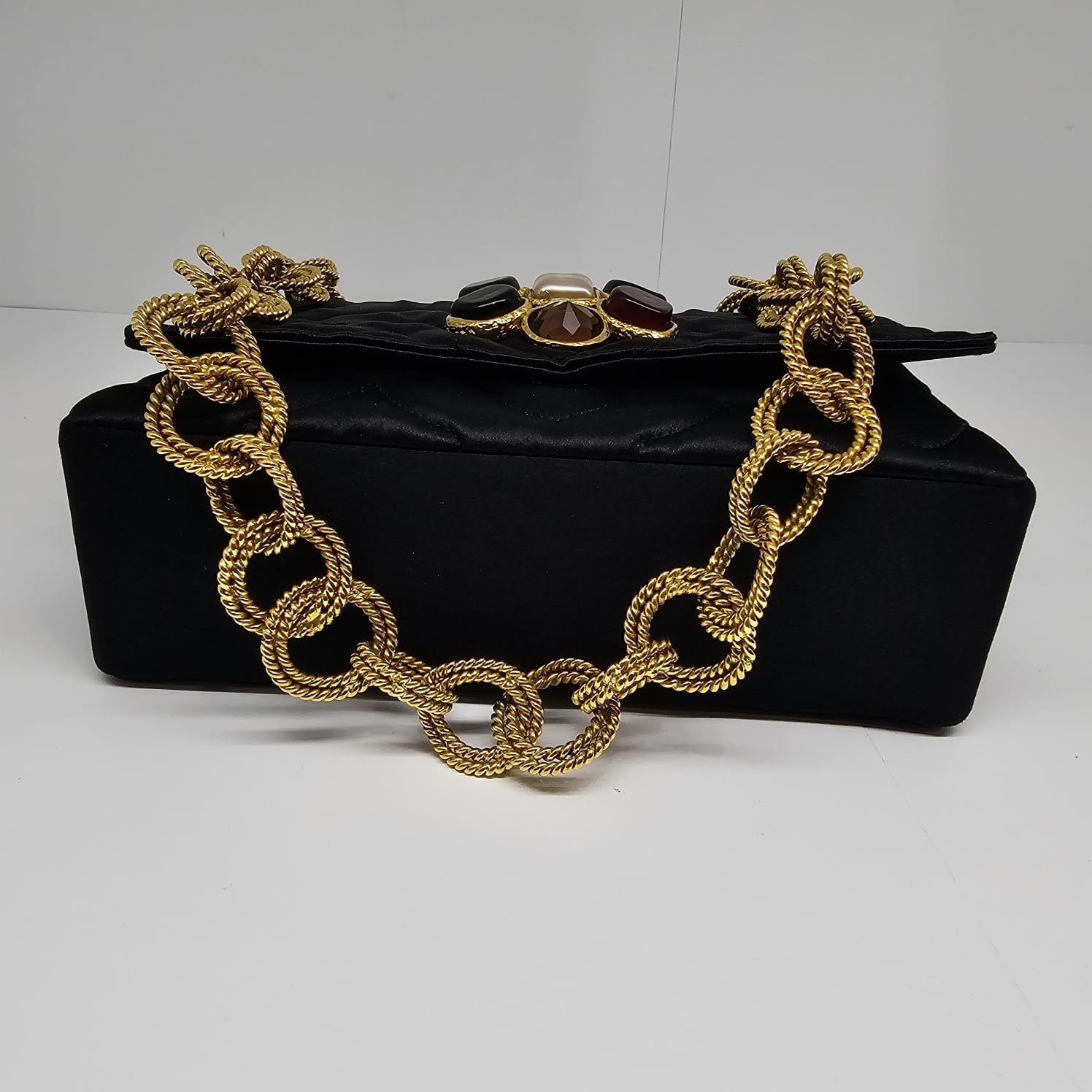 Very Rare Vintage 1990s Black Satin Quilted Flower Gripoix Jewel Mini Flap Bag For Sale 6