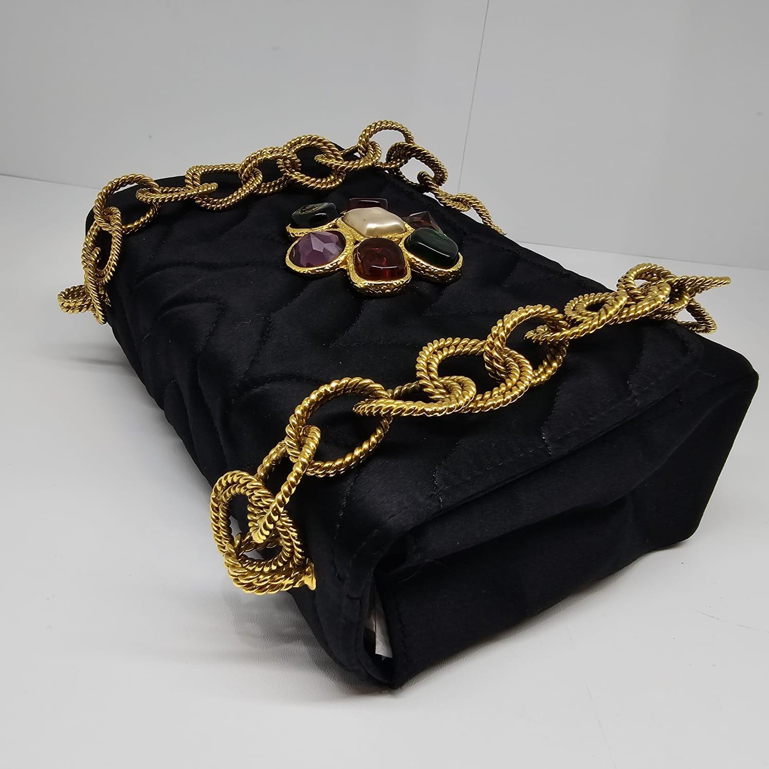 Very Rare Vintage 1990s Black Satin Quilted Flower Gripoix Jewel Mini Flap Bag For Sale 7