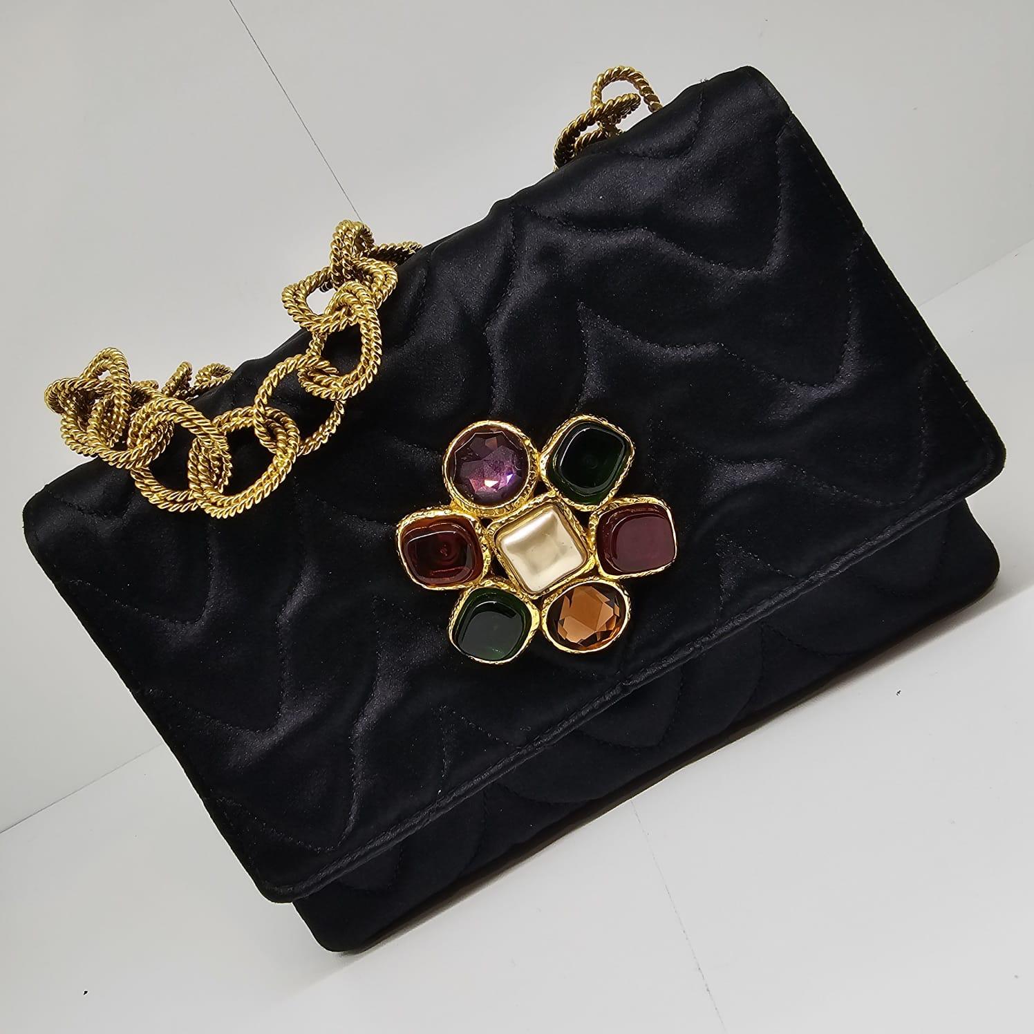 Very Rare Vintage 1990s Black Satin Quilted Flower Gripoix Jewel Mini Flap Bag For Sale 8