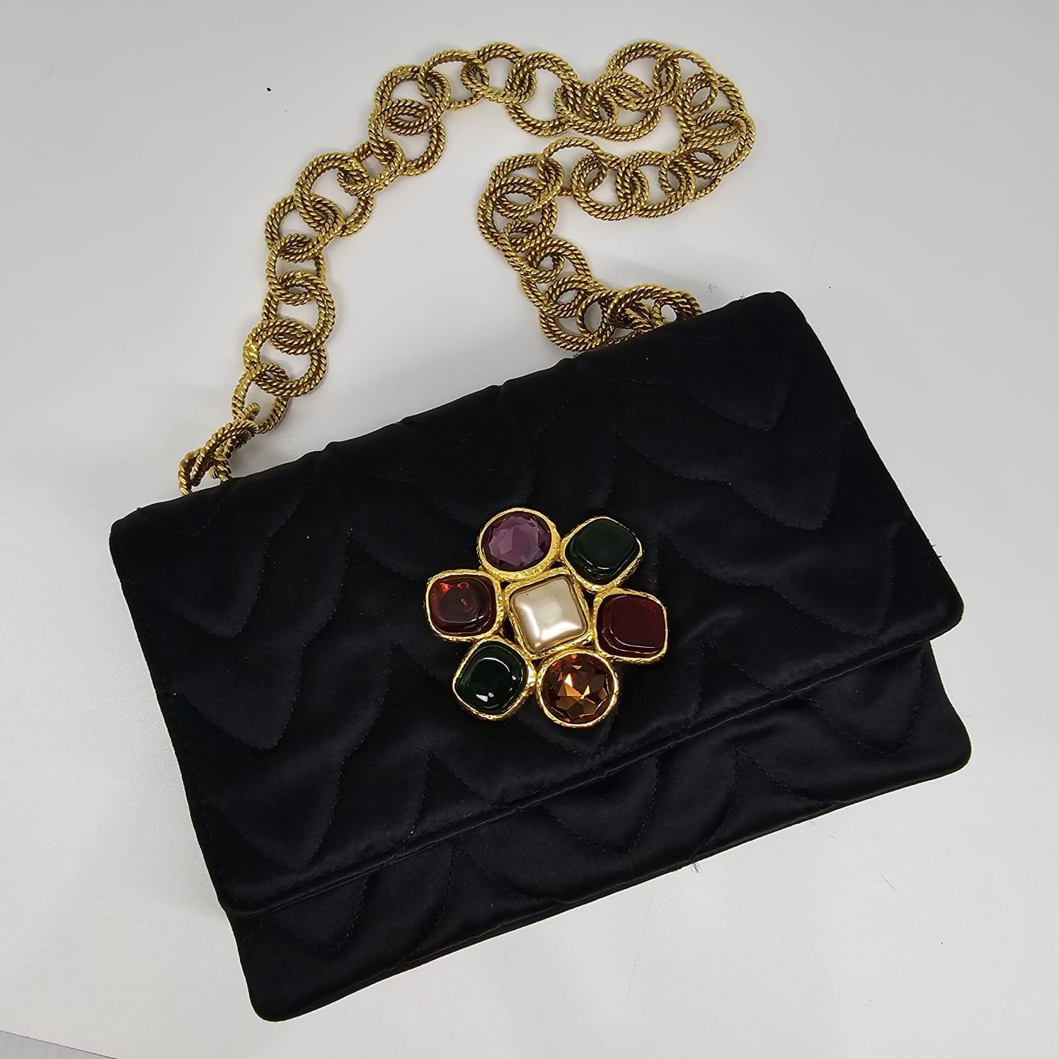 Very Rare Vintage 1990s Black Satin Quilted Flower Gripoix Jewel Mini Flap Bag For Sale 9