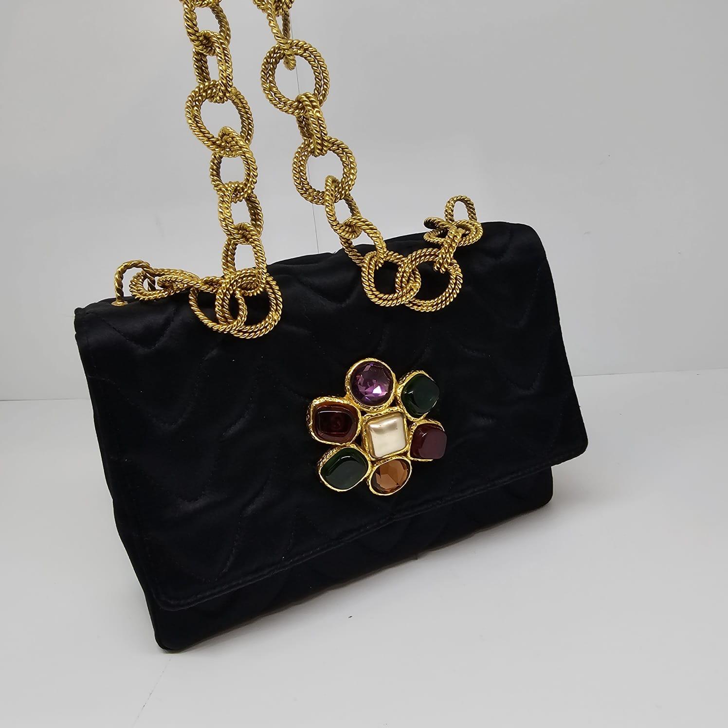 Very Rare Vintage 1990s Black Satin Quilted Flower Gripoix Jewel Mini Flap Bag For Sale 10