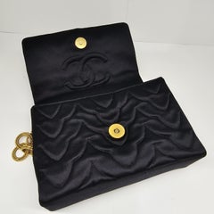 Very Rare Vintage 1990s Black Satin Quilted Flower Gripoix Jewel Mini Flap Bag