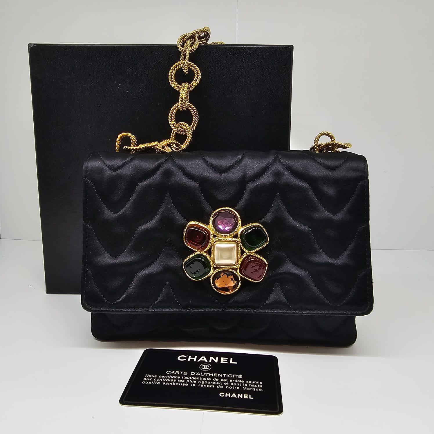 Women's Very Rare Vintage 1990s Black Satin Quilted Flower Gripoix Jewel Mini Flap Bag For Sale
