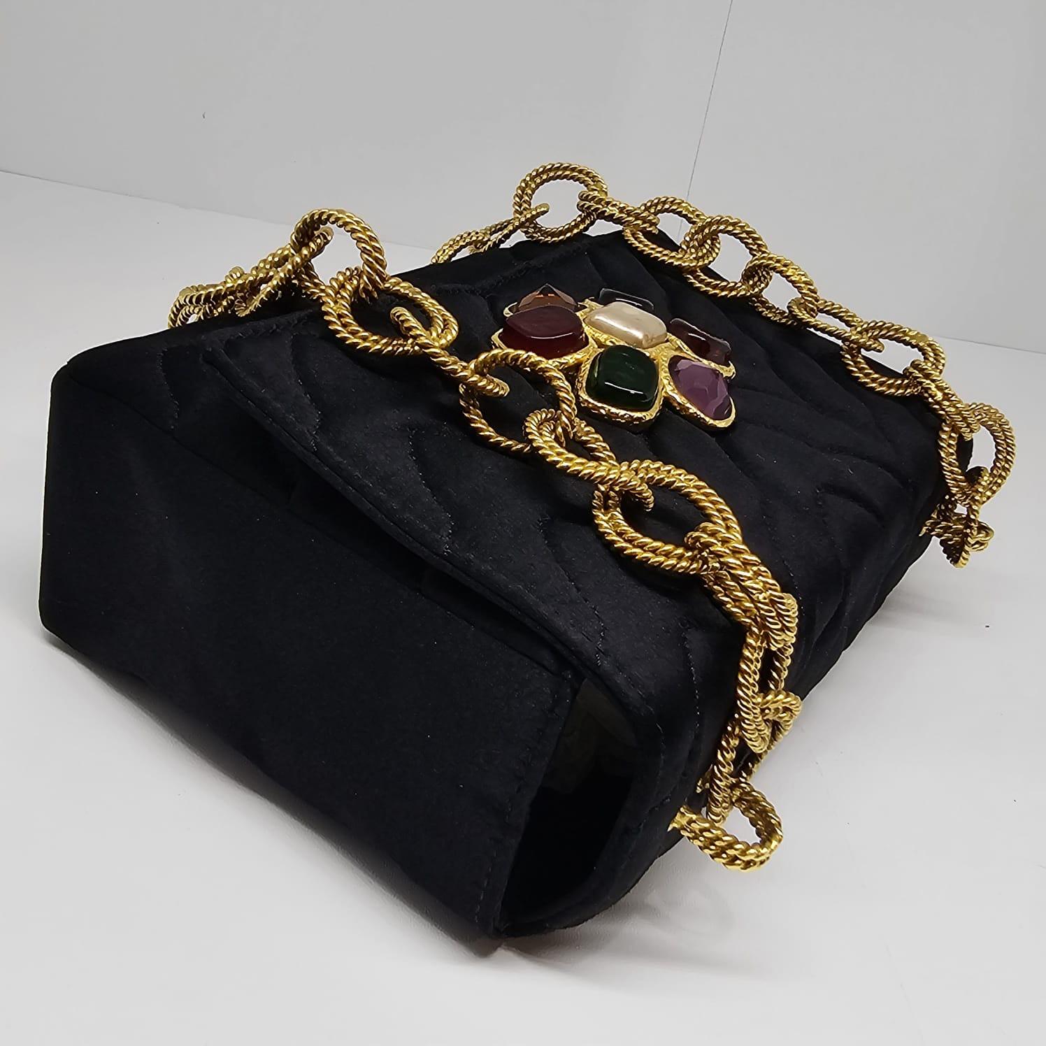Very Rare Vintage 1990s Black Satin Quilted Flower Gripoix Jewel Mini Flap Bag For Sale 1