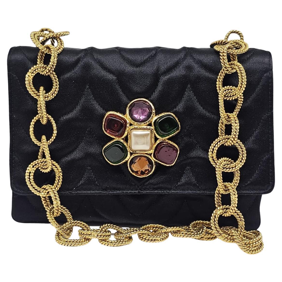 Very Rare Vintage 1990s Black Satin Quilted Flower Gripoix Jewel Mini Flap Bag For Sale