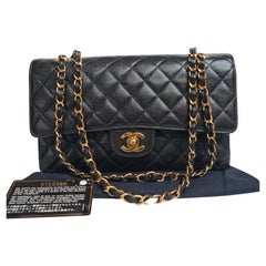 Sehr seltene Vintage 1990er Chanel Classic Black Caviar 24K Medium Double Flap Bag