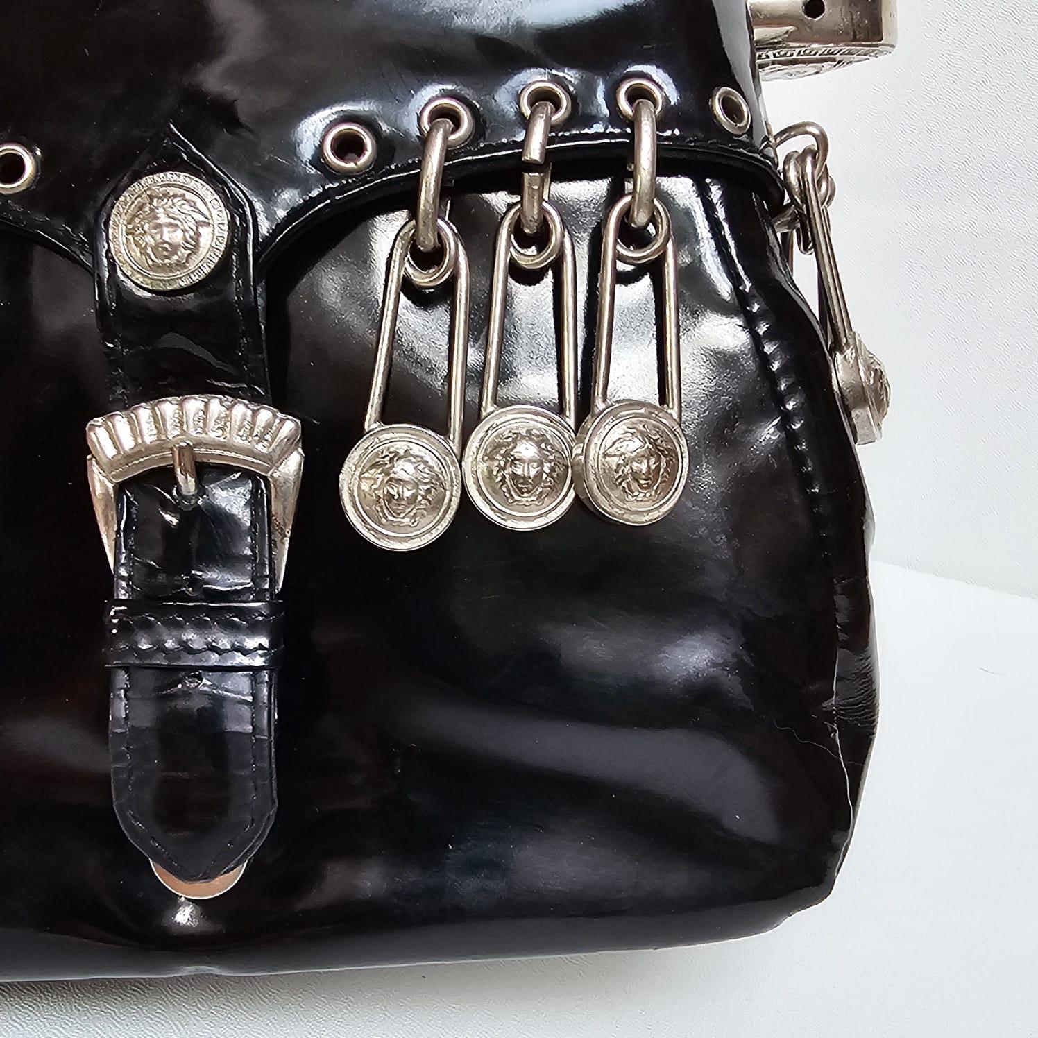 Very Rare Vintage 1994 Gianni Versace Black Patent Safety Pin Top Handle Bag 1