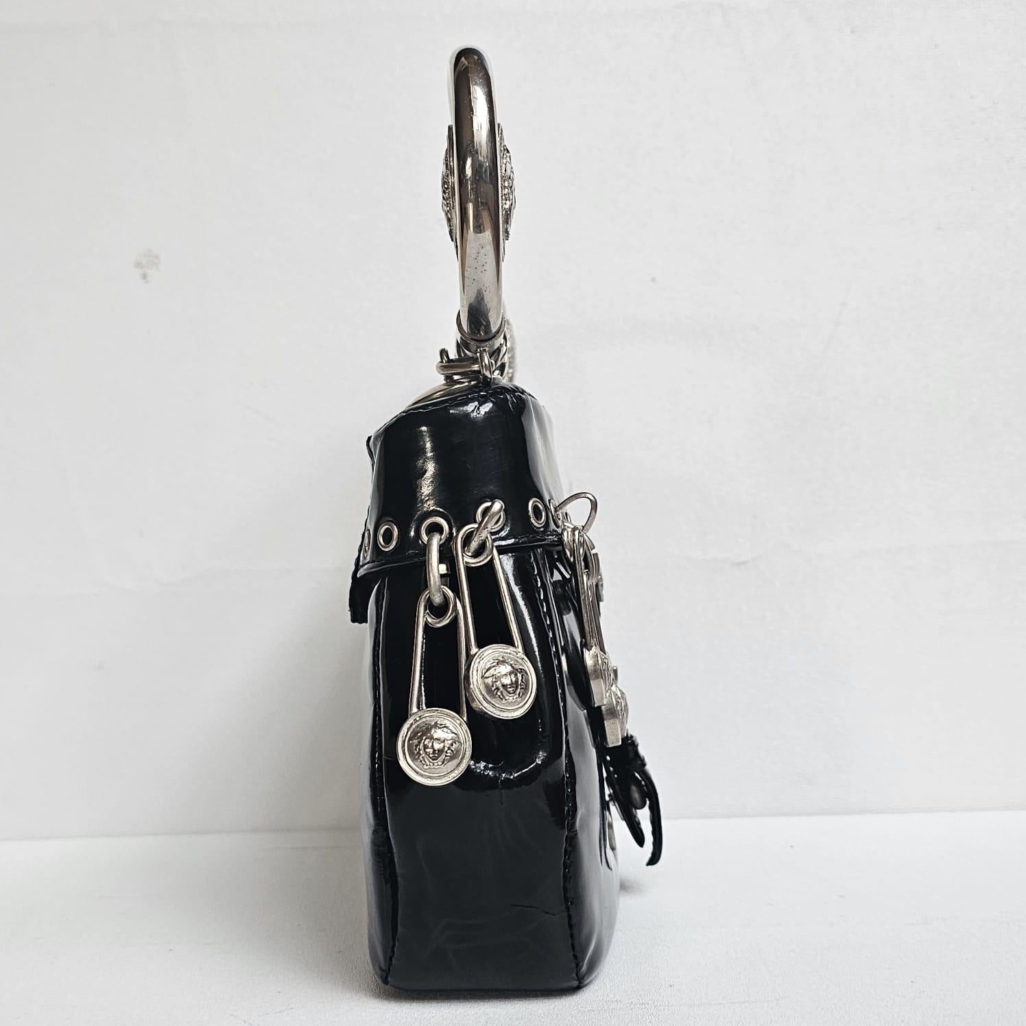 Very Rare Vintage 1994 Gianni Versace Black Patent Safety Pin Top Handle Bag 2