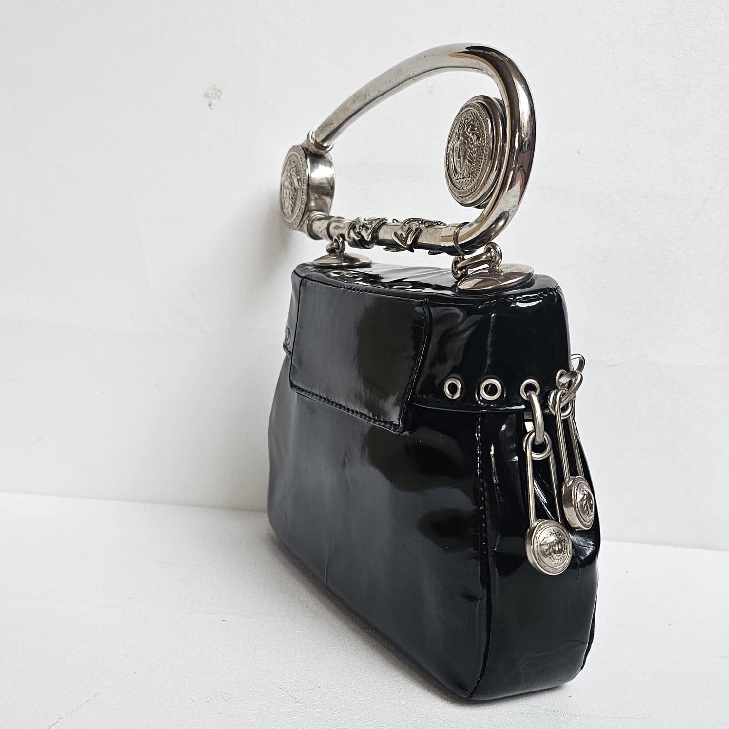 Very Rare Vintage 1994 Gianni Versace Black Patent Safety Pin Top Handle Bag 3