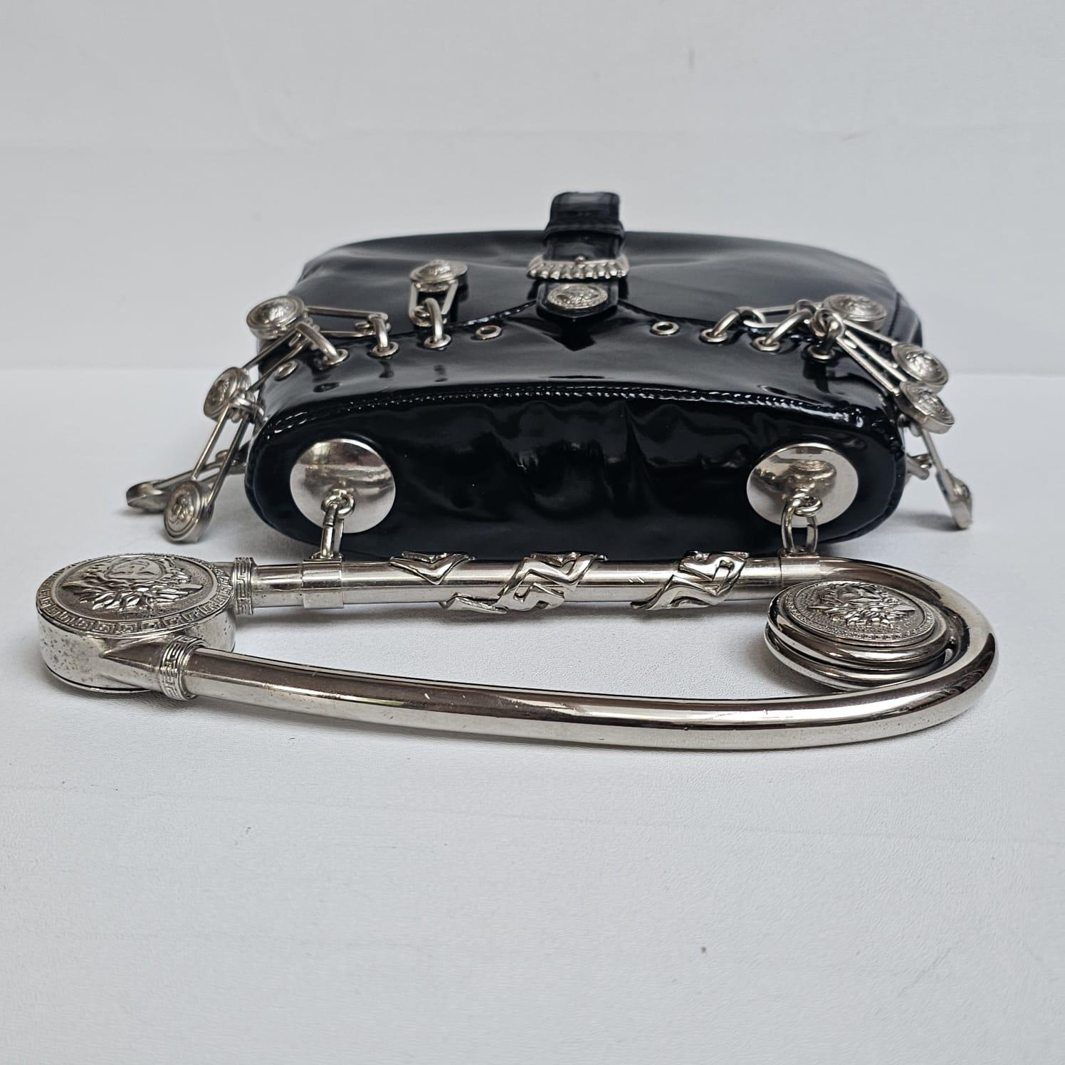 Very Rare Vintage 1994 Gianni Versace Black Patent Safety Pin Top Handle Bag 4