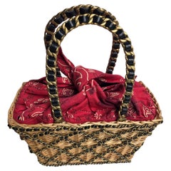 Very Rare Vintage Chanel Leather Chain Quilted Wicker Picnic Basket Bag