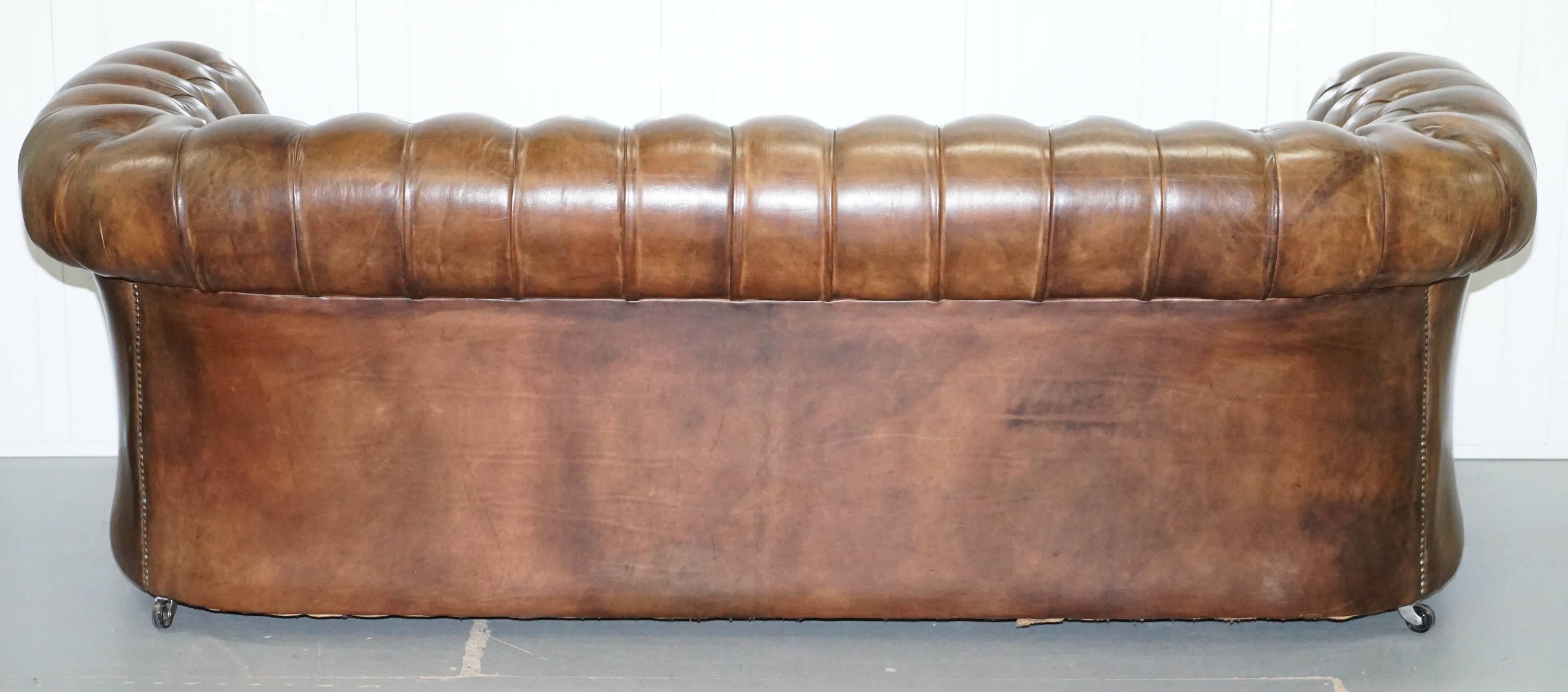Very Rare Vintage Hand Dyed Cigar Heritage Brown Leather Chesterfield Club Sofa 5