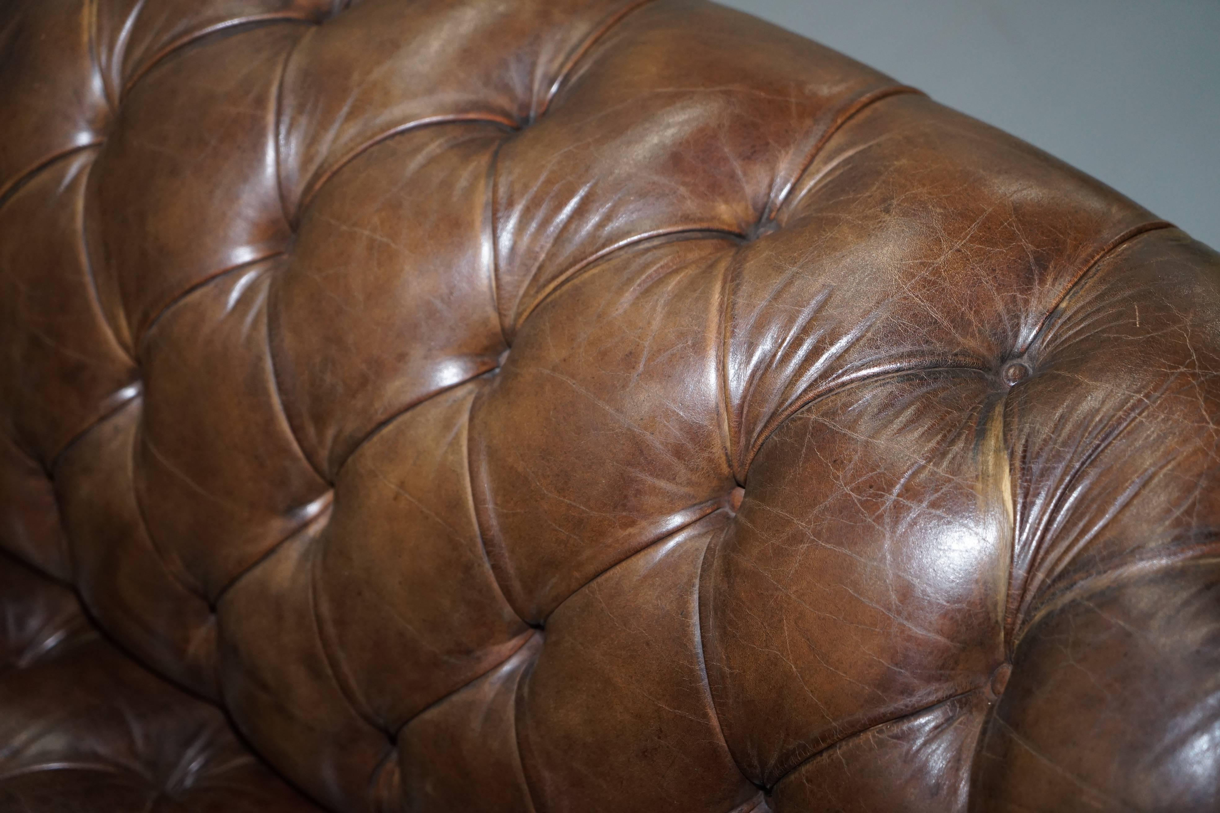 Very Rare Vintage Hand Dyed Cigar Heritage Brown Leather Chesterfield Club Sofa 6
