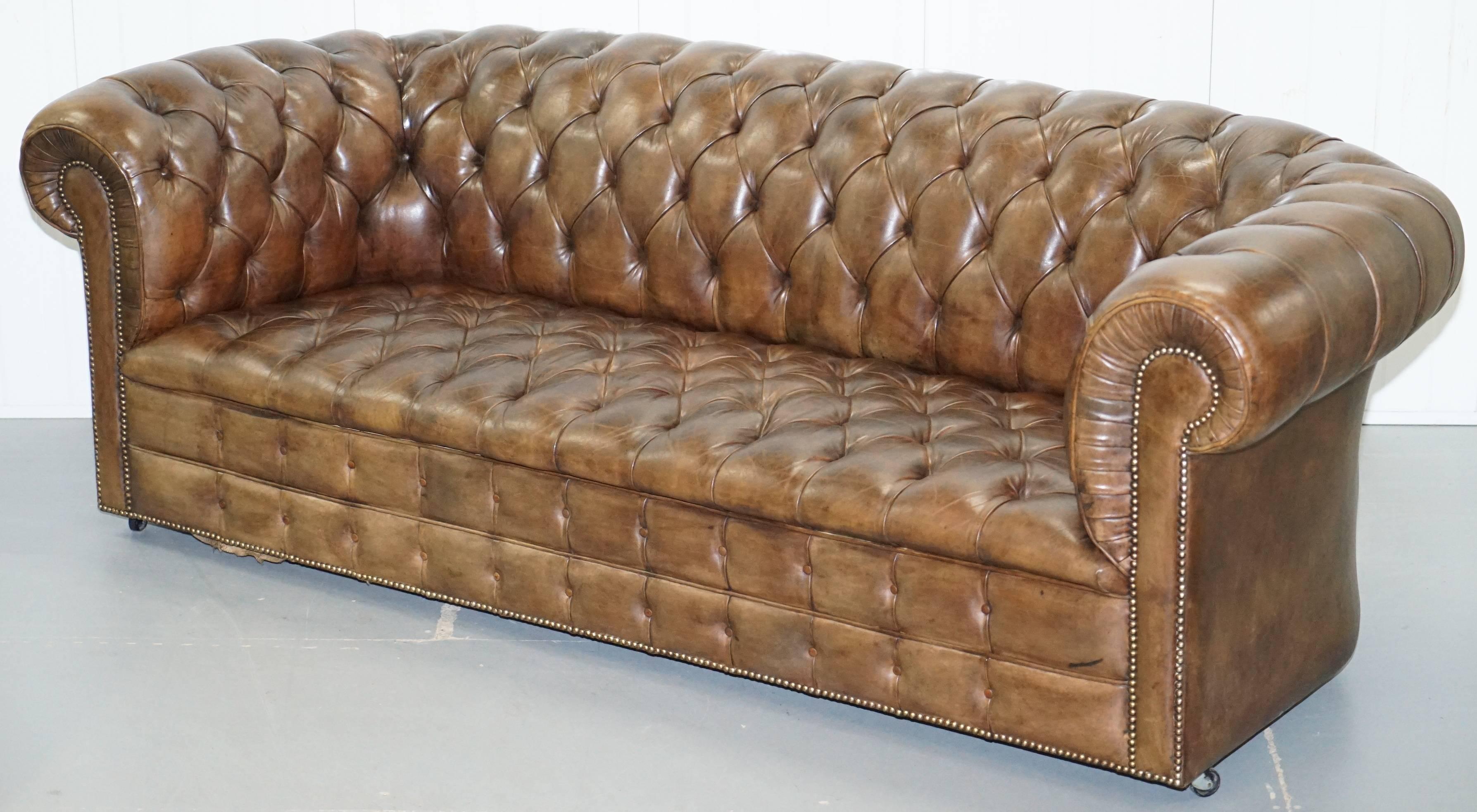 British Very Rare Vintage Hand Dyed Cigar Heritage Brown Leather Chesterfield Club Sofa