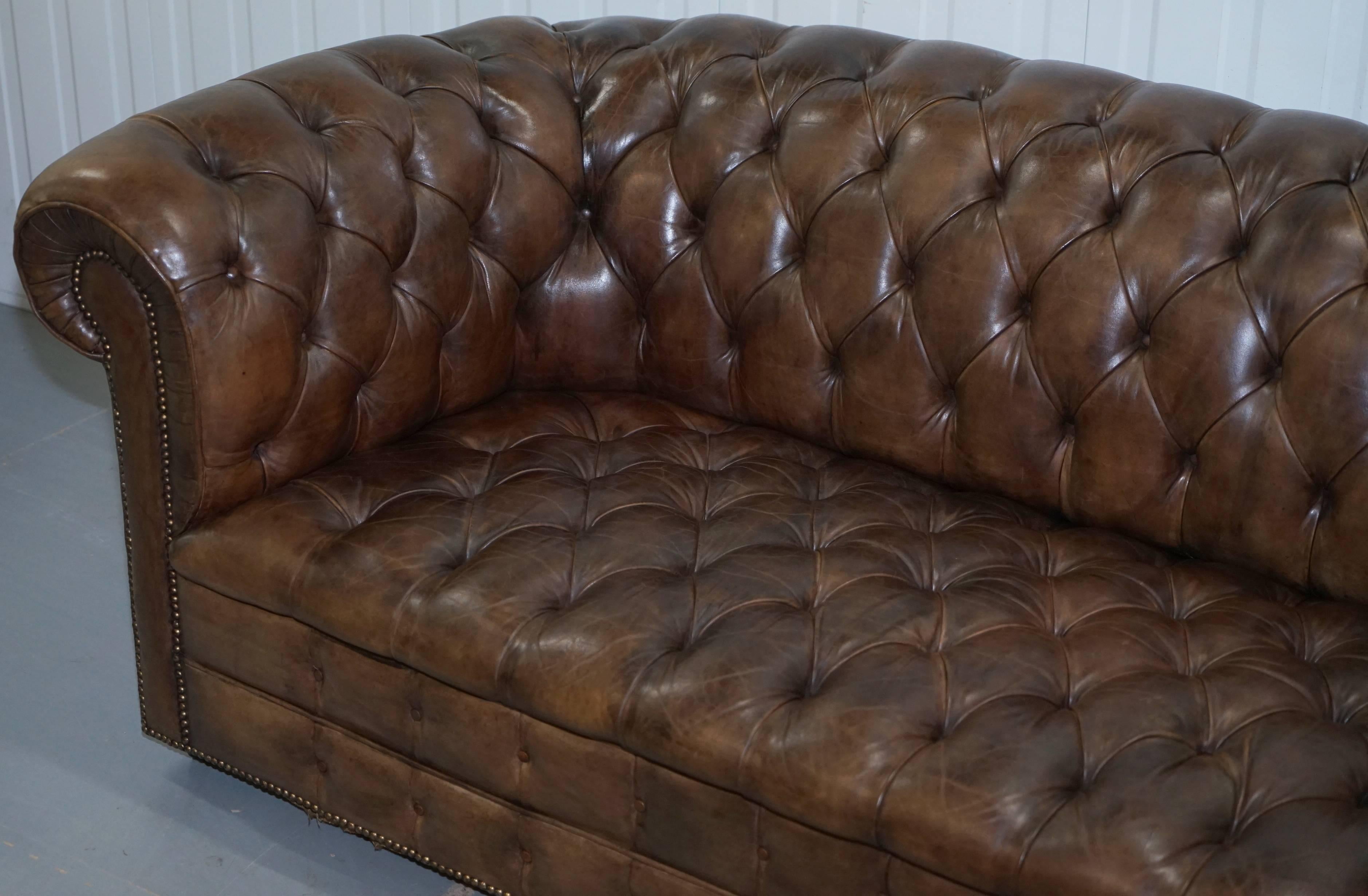 Hand-Carved Very Rare Vintage Hand Dyed Cigar Heritage Brown Leather Chesterfield Club Sofa