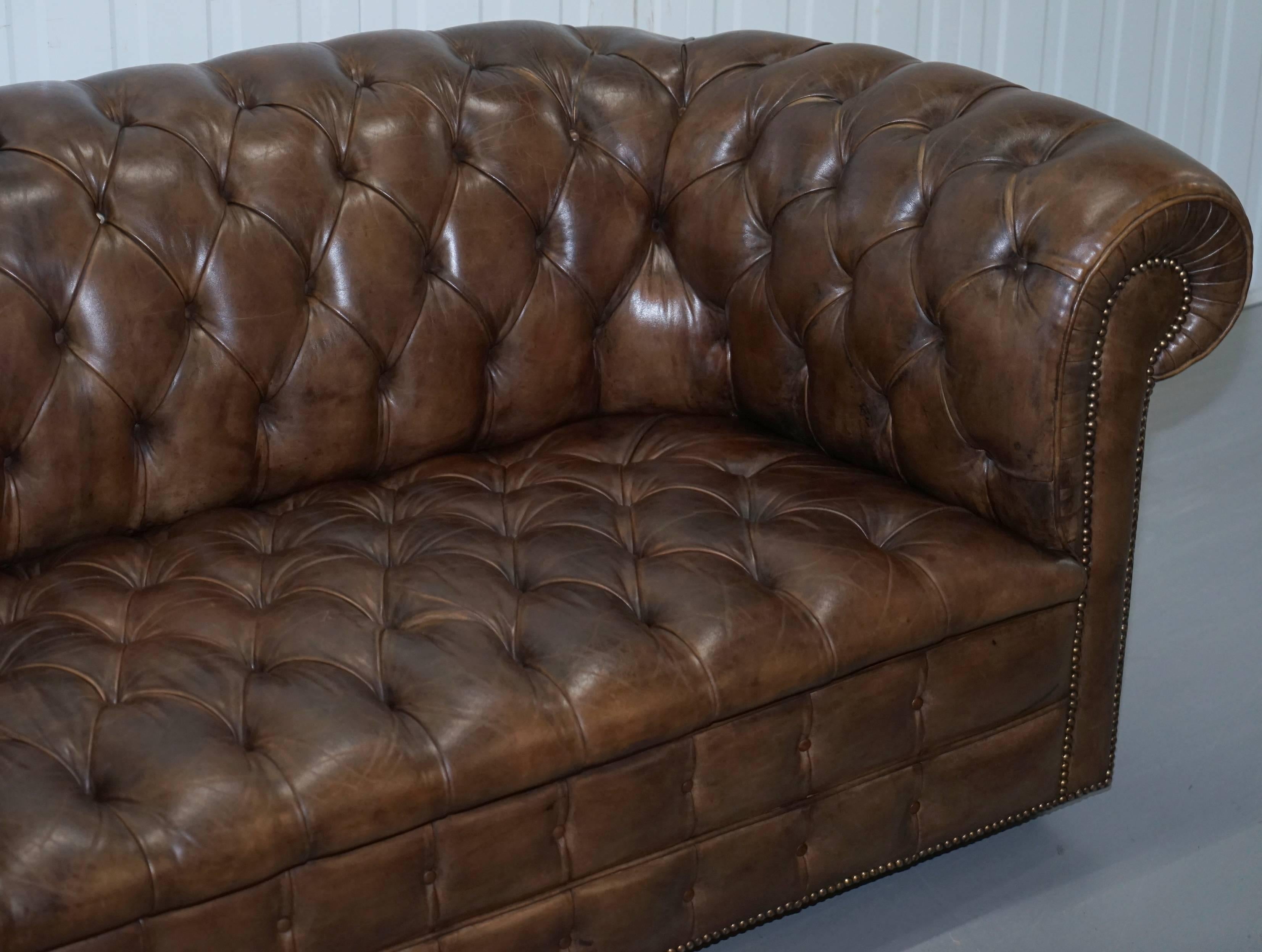 20th Century Very Rare Vintage Hand Dyed Cigar Heritage Brown Leather Chesterfield Club Sofa
