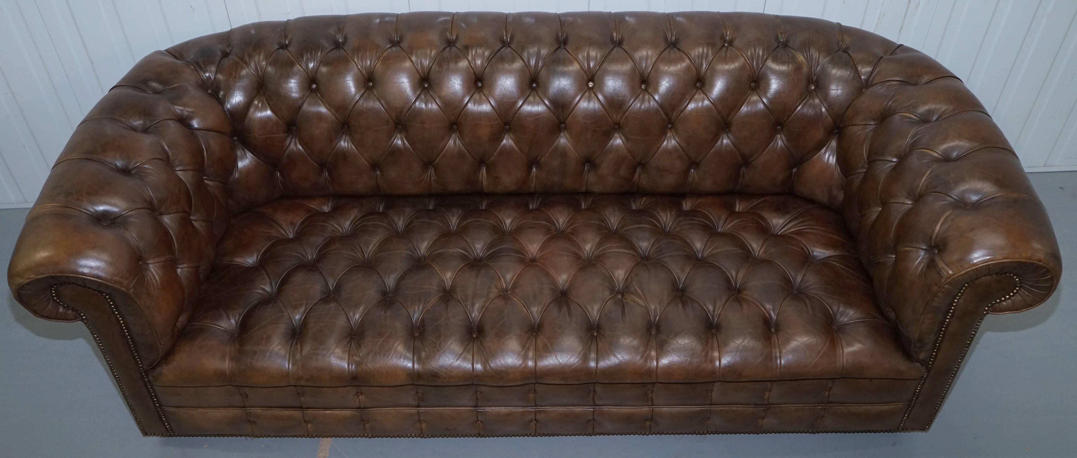 Very Rare Vintage Hand Dyed Cigar Heritage Brown Leather Chesterfield Club Sofa 1
