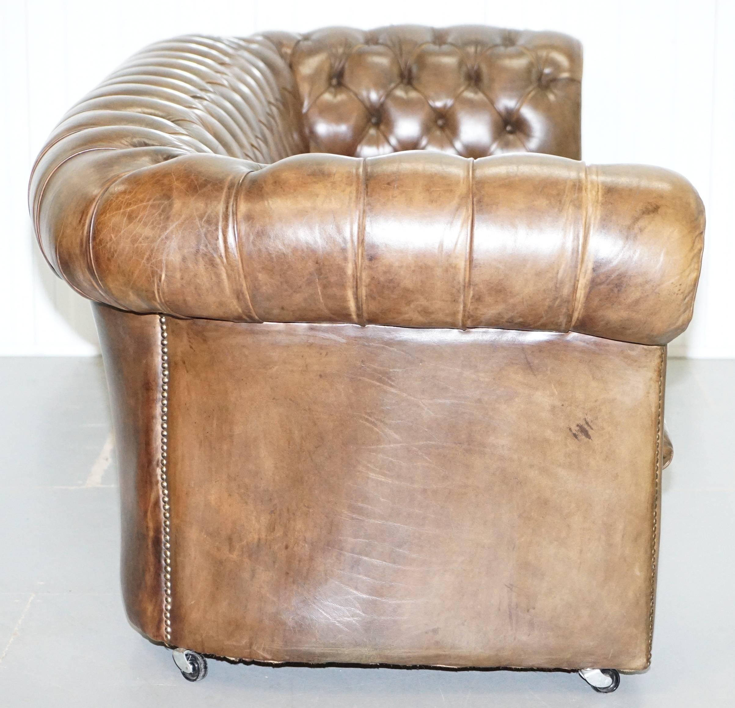 Very Rare Vintage Hand Dyed Cigar Heritage Brown Leather Chesterfield Club Sofa 3
