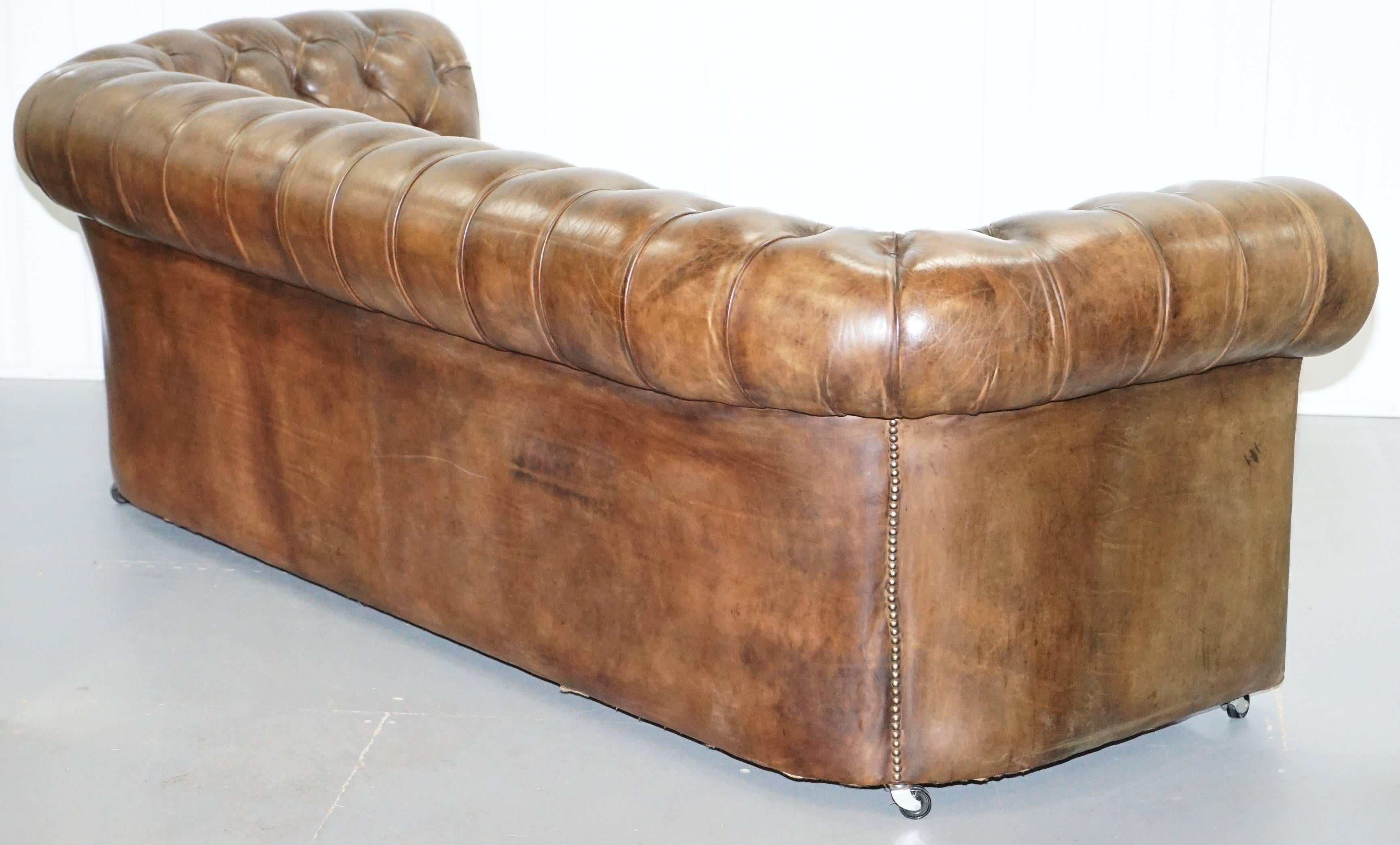 Very Rare Vintage Hand Dyed Cigar Heritage Brown Leather Chesterfield Club Sofa 4