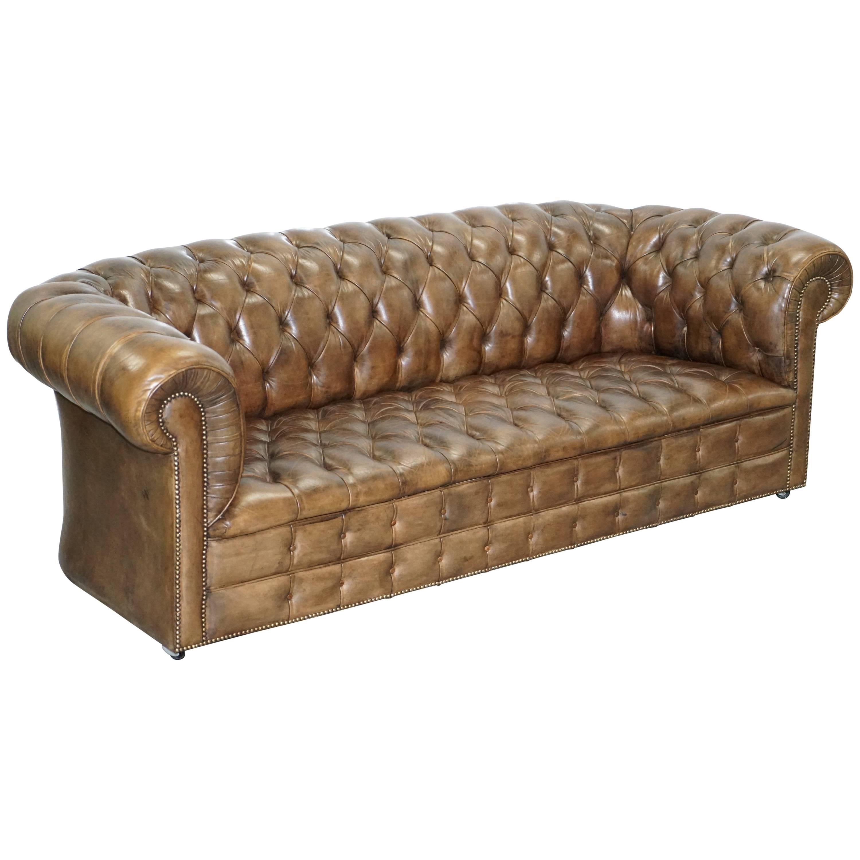 Very Rare Vintage Hand Dyed Cigar Heritage Brown Leather Chesterfield Club Sofa