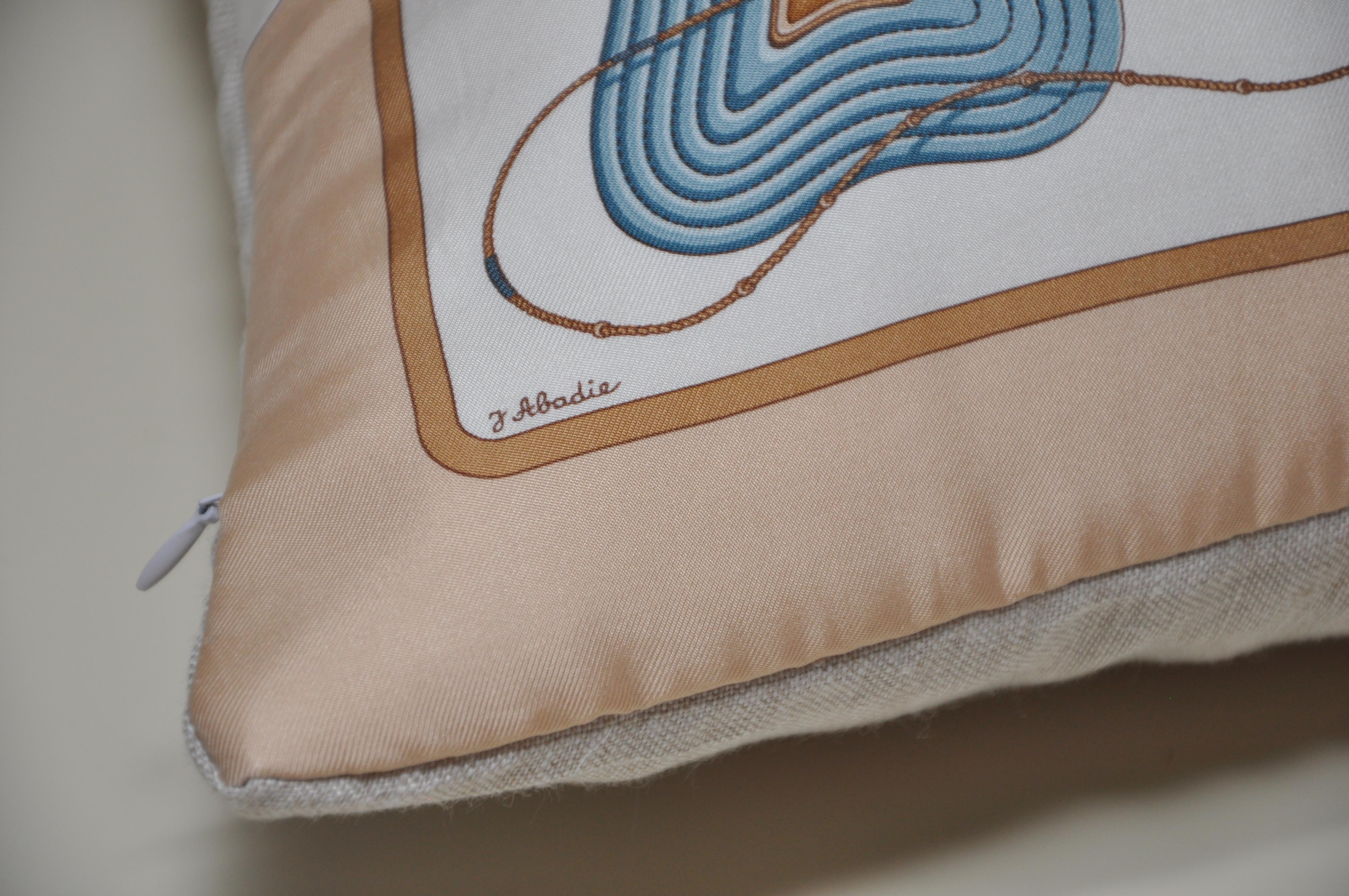 Mid-Century Modern Very Rare Vintage Hermes French Silk Scarf and Irish Linen Cushion Pillow Blue