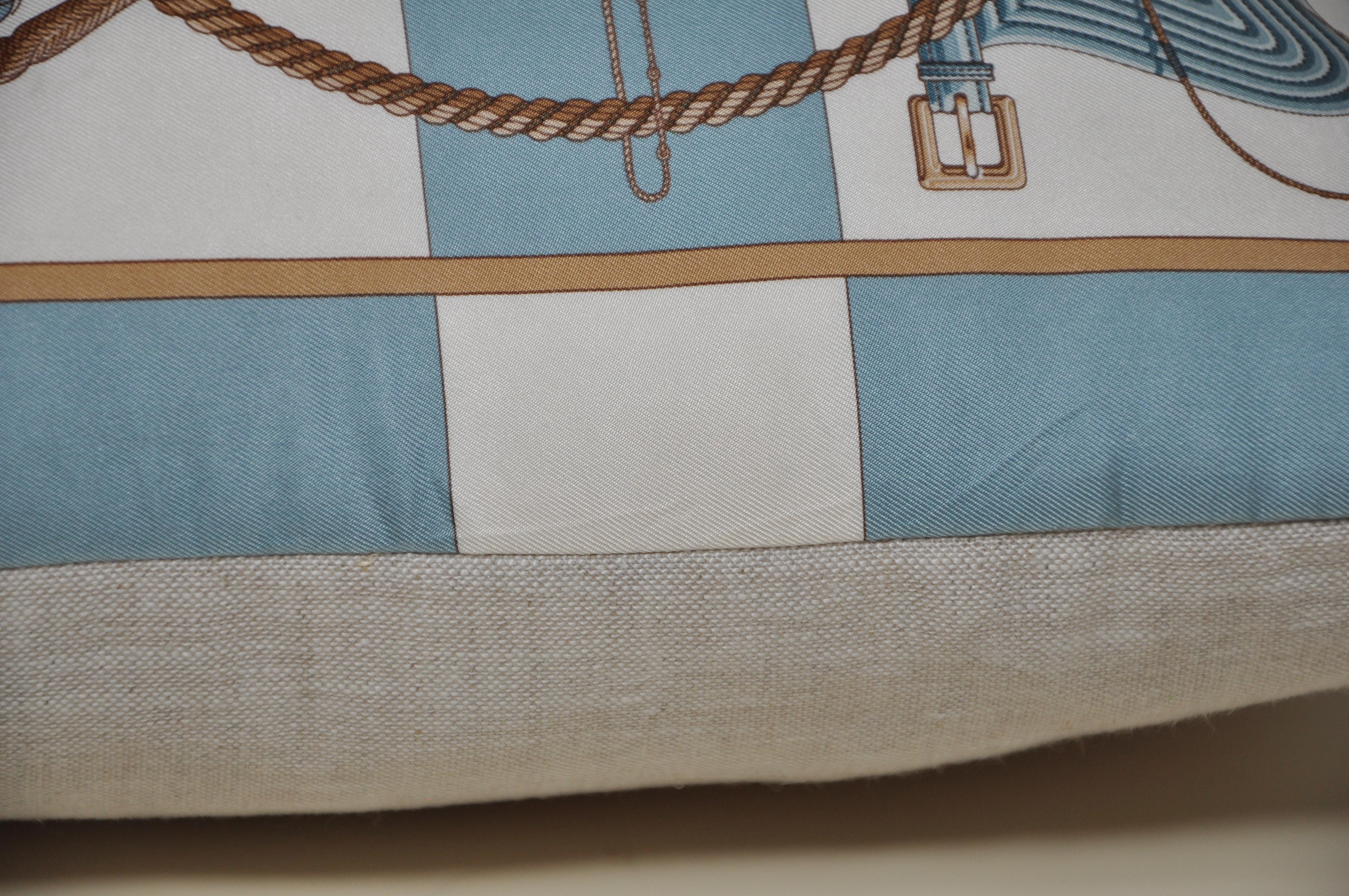 Hand-Crafted Very Rare Vintage Hermes French Silk Scarf and Irish Linen Cushion Pillow Blue For Sale