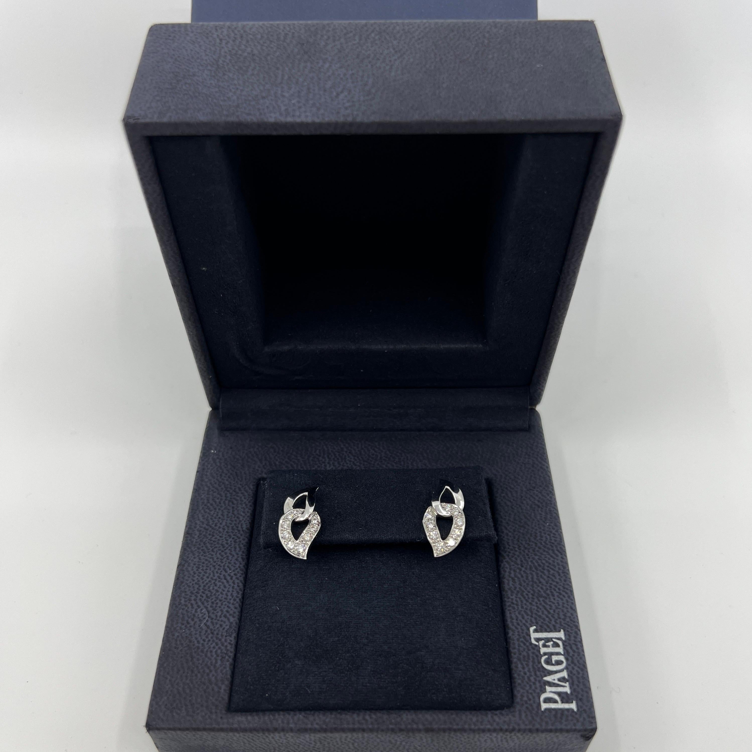 Vintage Piaget 18k White Gold Diamond Leaf Earring Studs.

Rare vintage diamond-set crossover leaf style earrings by PIAGET. 
Each earring is set with x9 brilliant round cut diamonds and measures approx. 19.2mm x 9.2mm. Weighing 5.8g total.

Rare