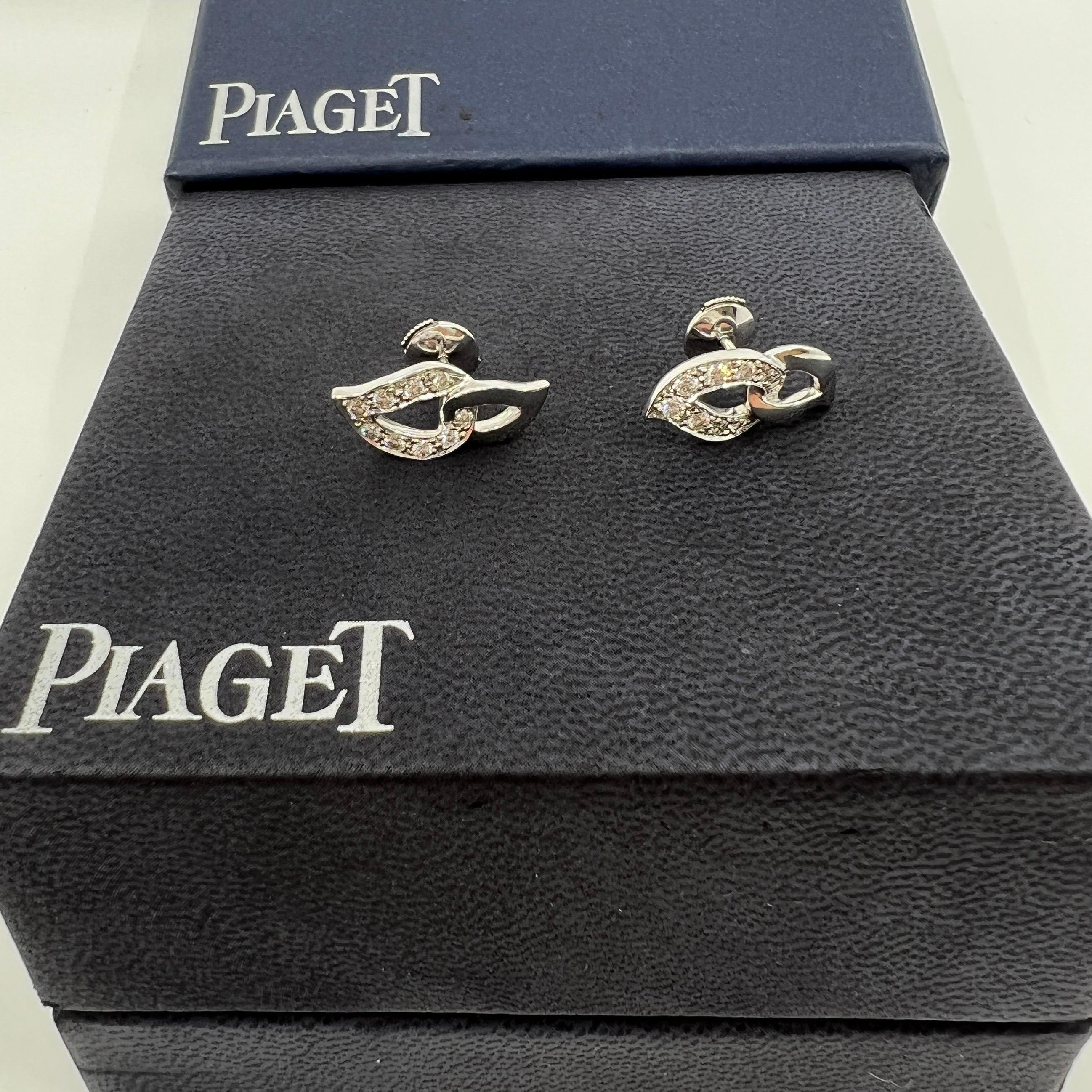 Very Rare Vintage Piaget Leaf Round Diamond 18K White Gold Earring Studs In Excellent Condition For Sale In Birmingham, GB