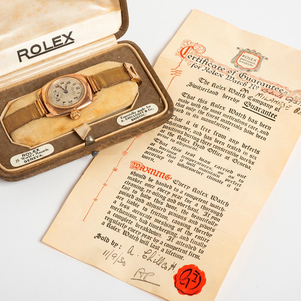 Rolex invented the first waterproof wristwatch, the Oyster. This is a very early example of such a watch, a reference 1925 and is incredibly rare on its own, but even more so, as it comes with its original box and paperwork. Featuring a beautiful