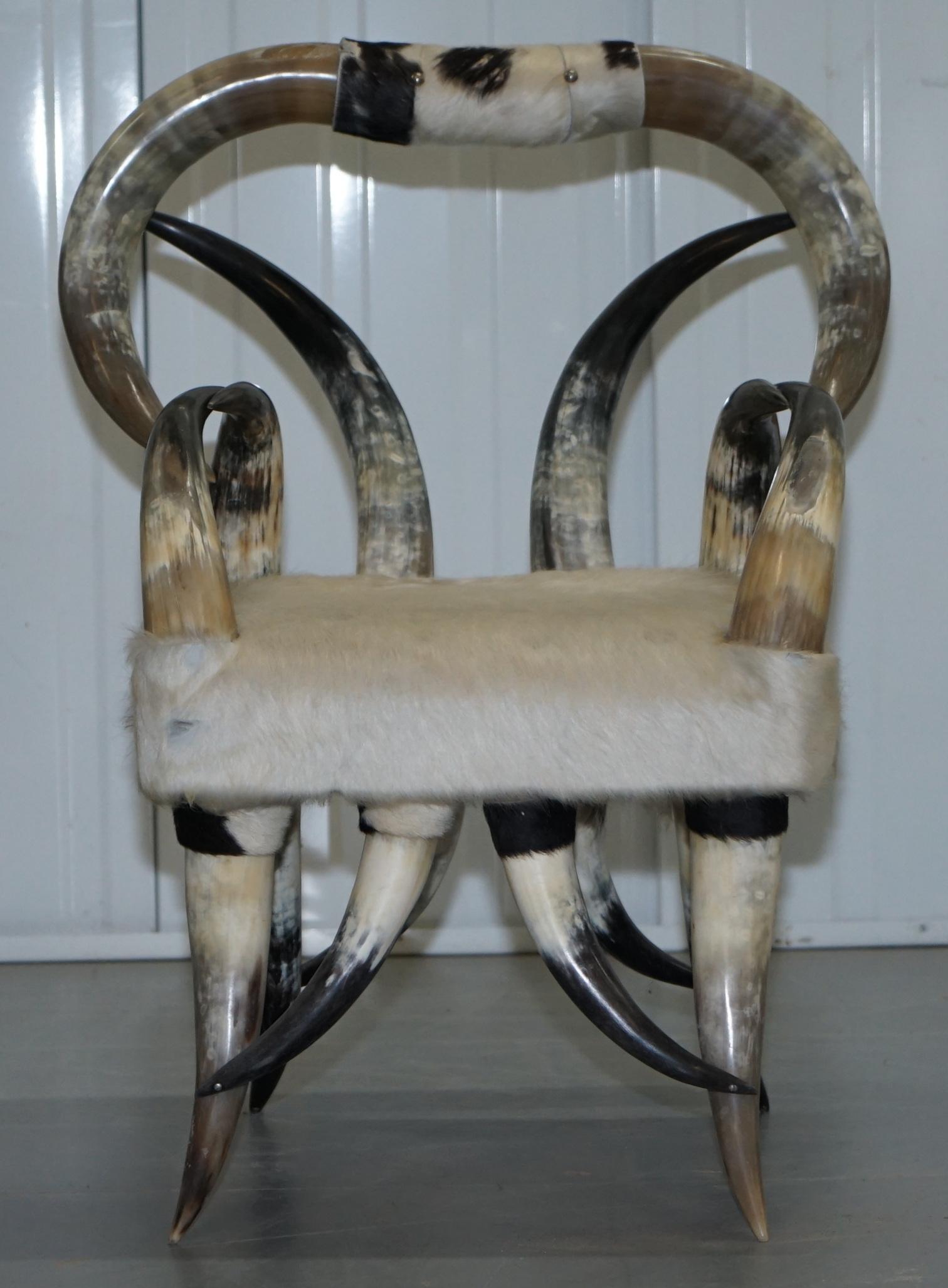 We are delighted to offer for sale this very rare nicely sized Steer or Long Horn armchair with leather upholstery

A very decorative and well made vintage chair, as you can see it is built from a selection of steer or long horns, the seat base is