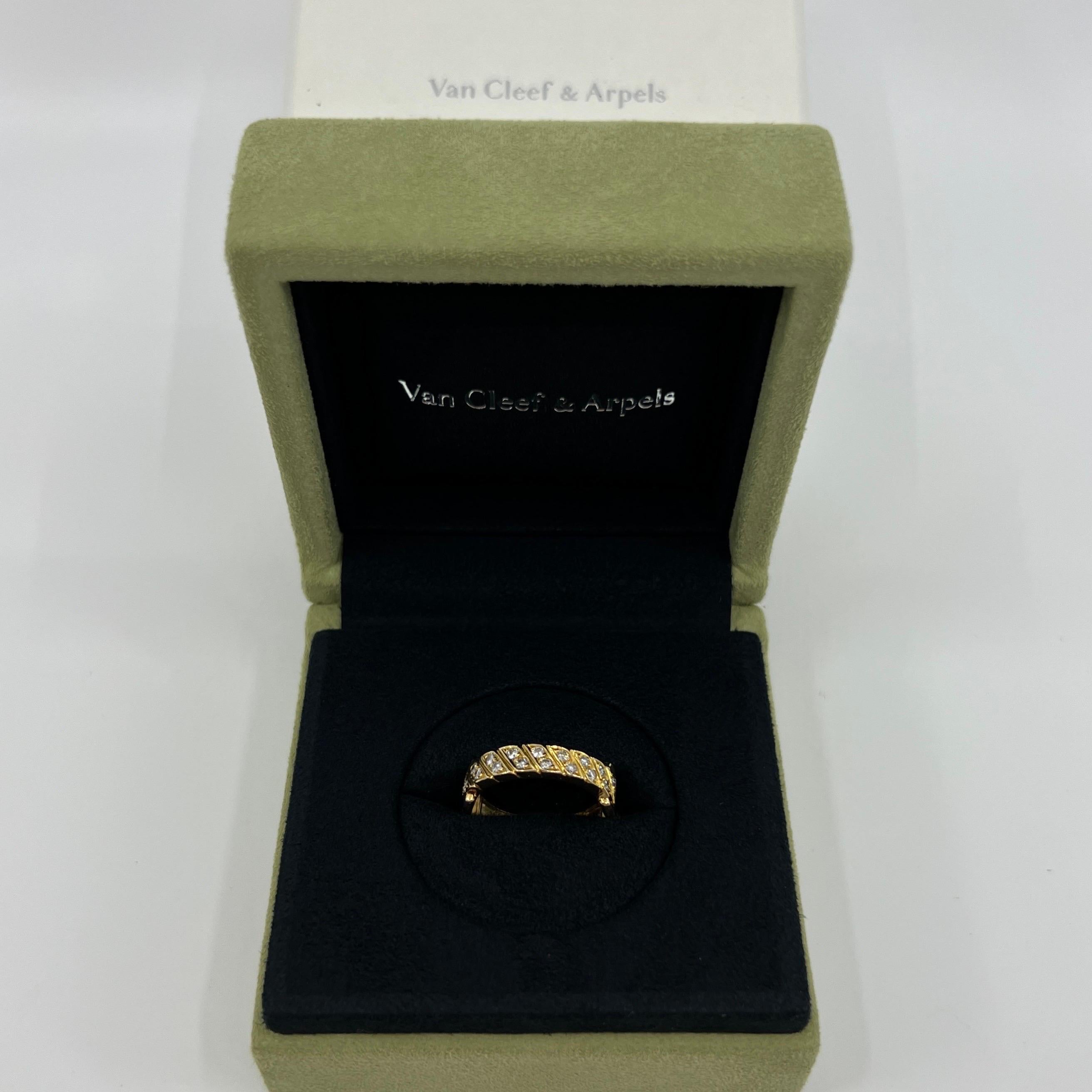 Very Rare Vintage Van Cleef & Arpels 18k Yellow Gold Diamond Buckle Band Ring.

This beautifully made ring featuring round brilliant cut diamonds in a belt/buckle style band ring.

The diamonds are of excellent quality. Fine jewellery houses like