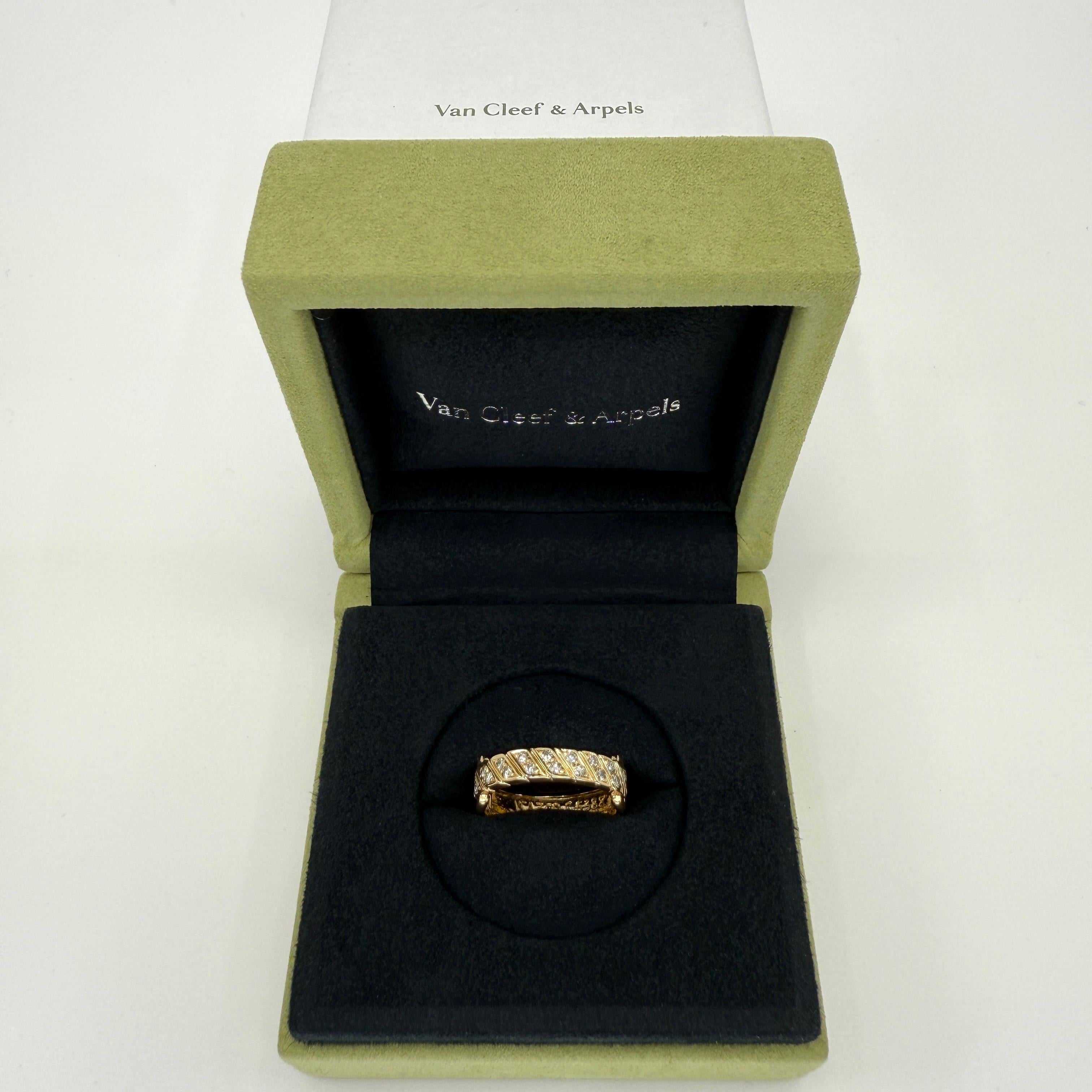 Rare Vintage Van Cleef & Arpels 18k Yellow Gold Diamond Buckle Band Ring.

This beautifully made ring featuring round brilliant cut diamonds in a belt/buckle style band ring.

The diamonds are of excellent quality. Fine jewellery houses like Van