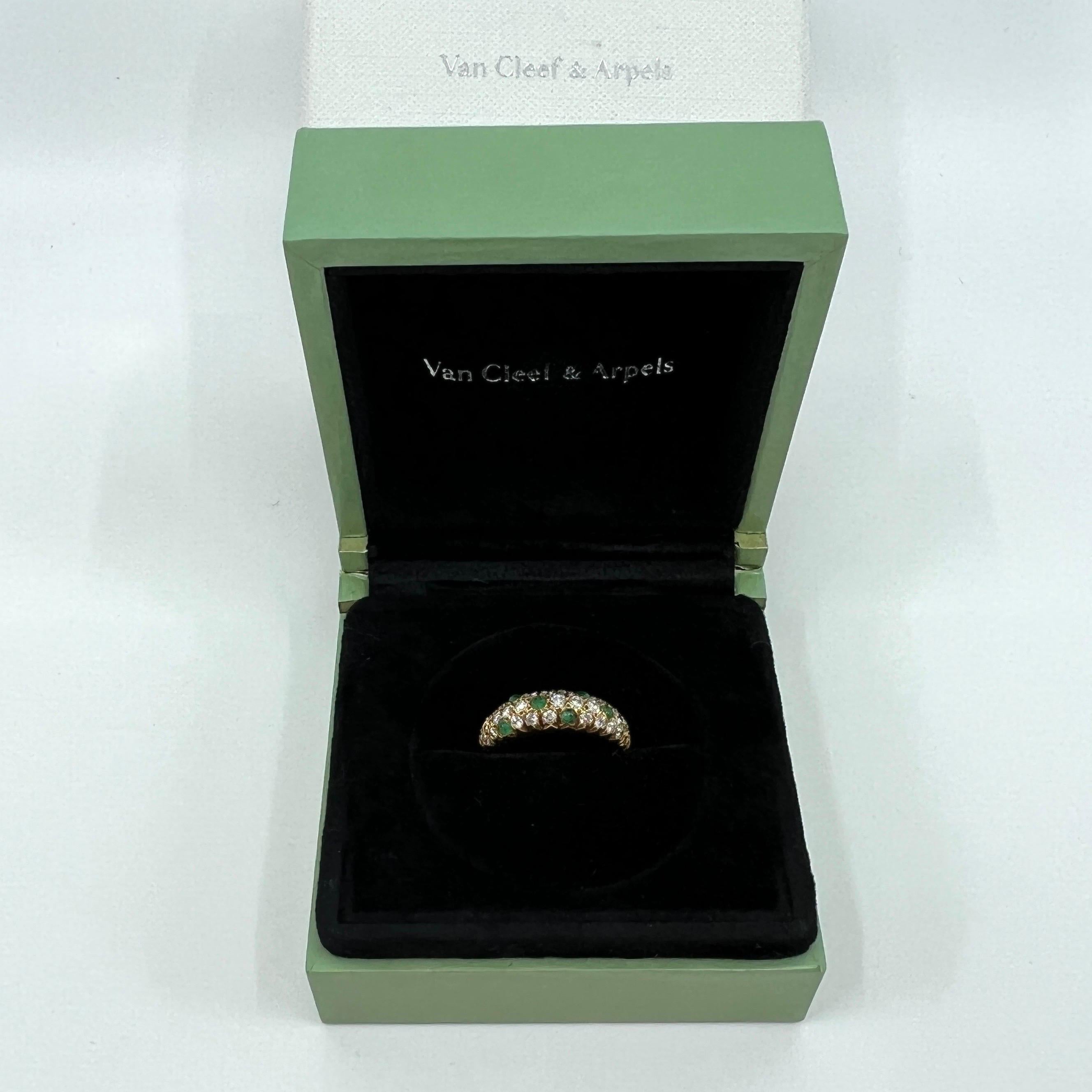 Very Rare Vintage Van Cleef & Arpels 18k Yellow Gold Emerald & Diamond Pave Ring.

This beautifully made ring featuring round brilliant cut diamonds and round cabochon emeralds beautifully set in a domed half eternity style ring.

The diamonds and