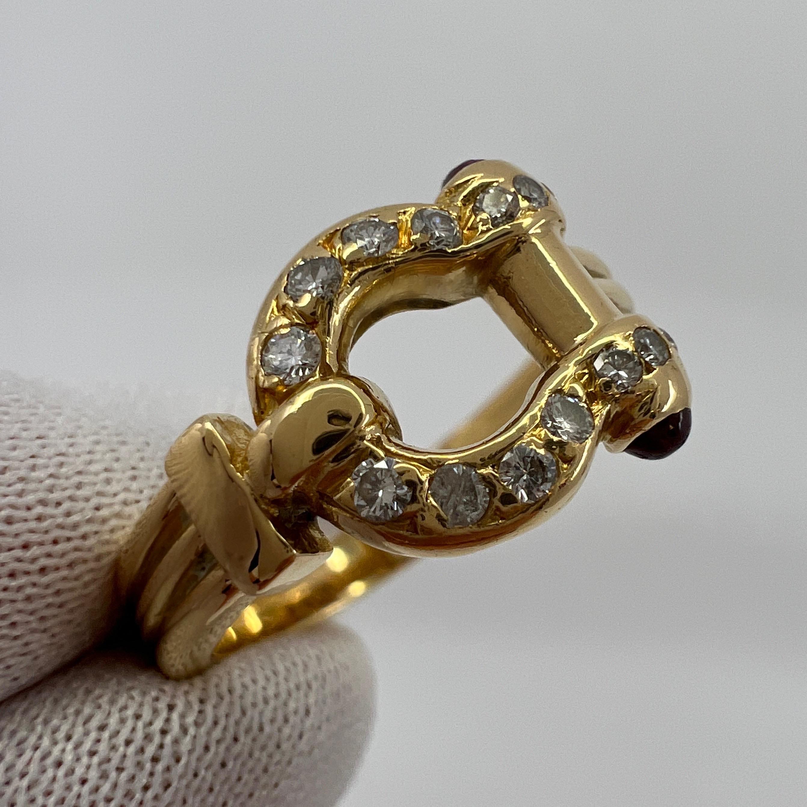 Very Rare Vintage Van Cleef & Arpels 18k Yellow Gold Ruby Diamond Buckle Ring In Good Condition In Birmingham, GB