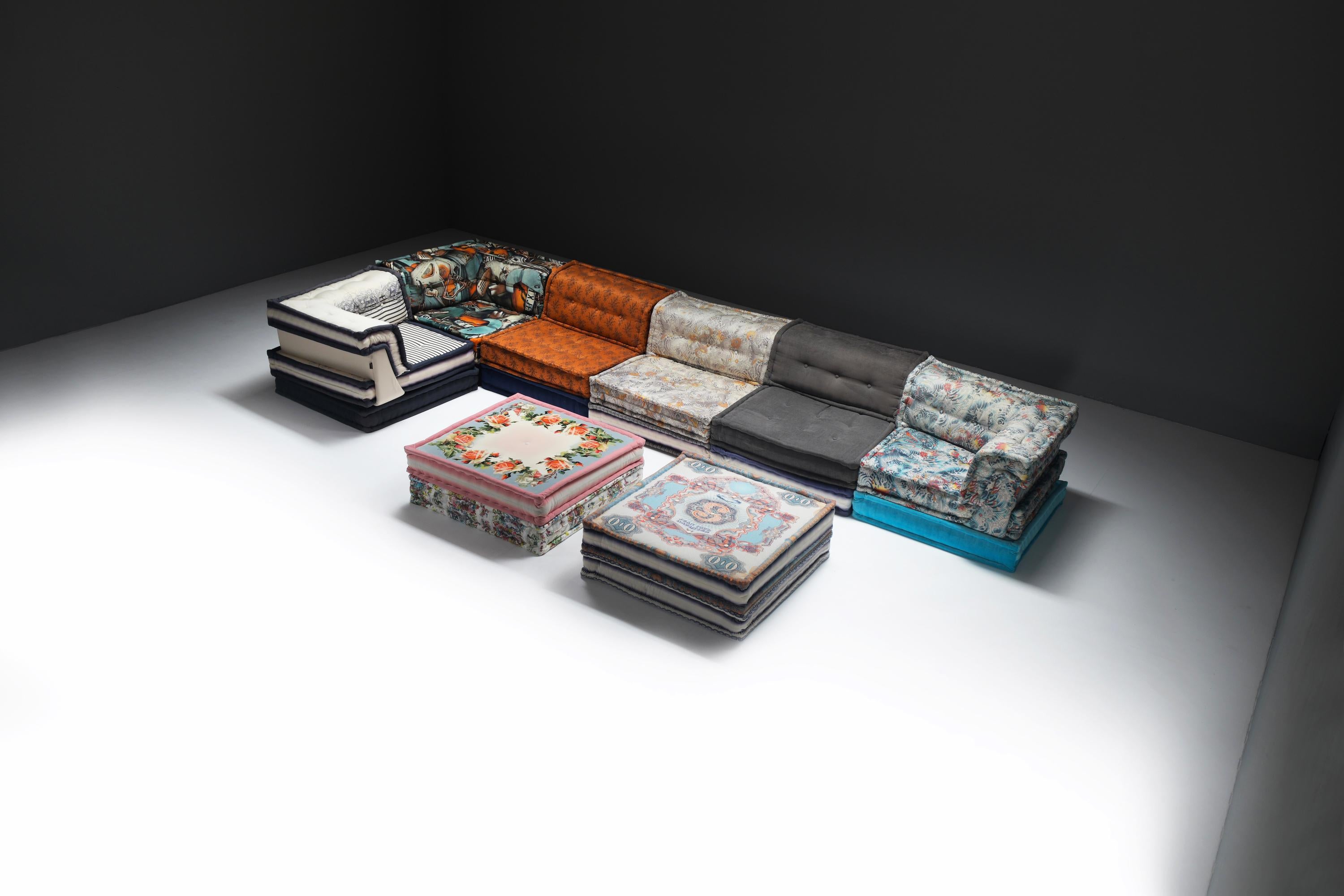 Roche Bobois Mah Jong XL Modular Sofa by Hans Hopfer, upholstered in Jean Paul Gaultier fabrics – 1971 Design Icon
Exclusive XL modular sofa, upholstered in iconic Jean Paul Gaultier couture fabrics for Roche Bobois.

This rare XL edition of the Mah