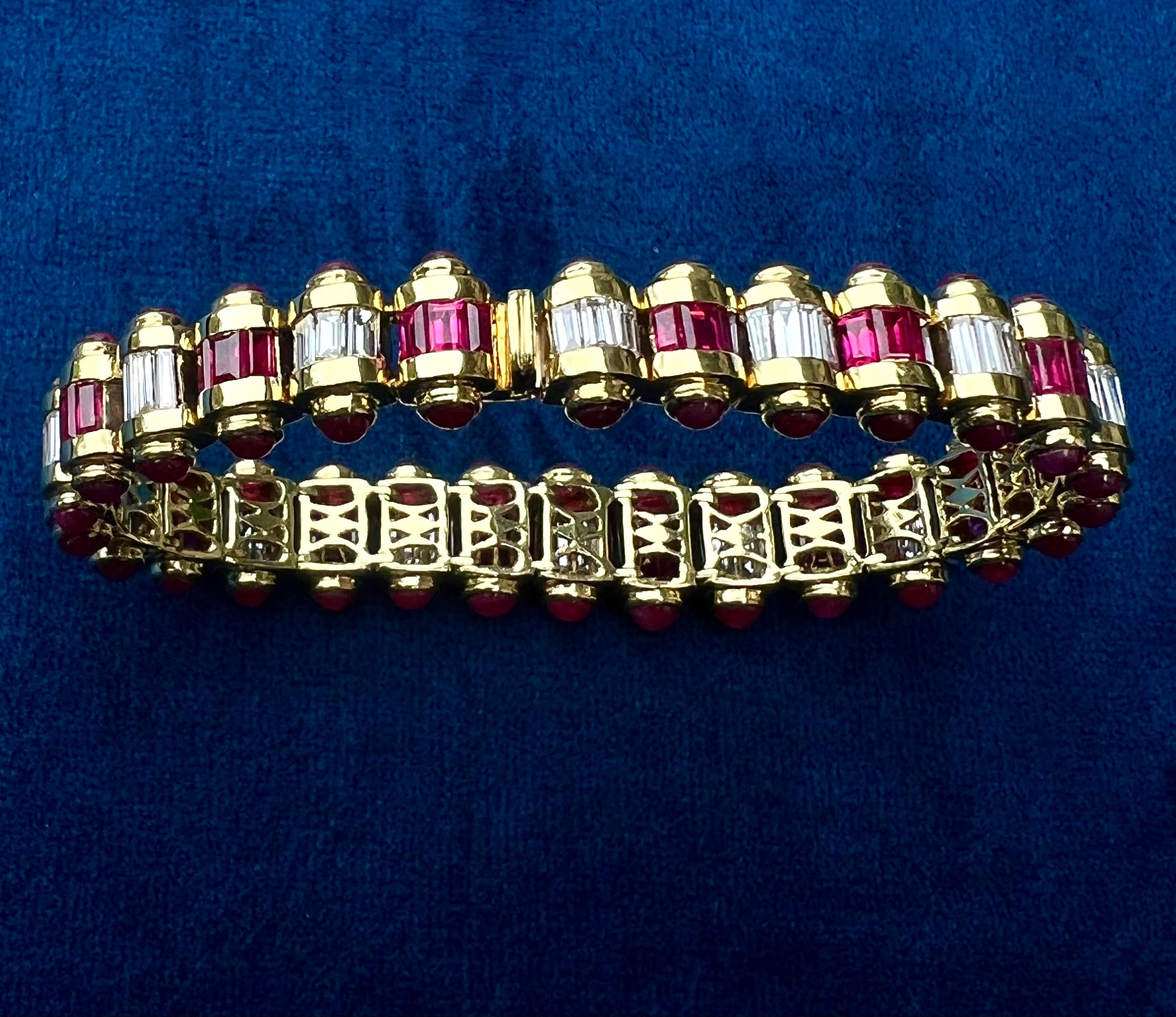 Very unique and exquisite, hand crafted estate 32 carat Art Deco style pigeon blood Burmese ruby and diamond slightly graduated line bracelet features 28 rows of alternating ruby and diamond baguettes set in a circular barrel design with Burmese