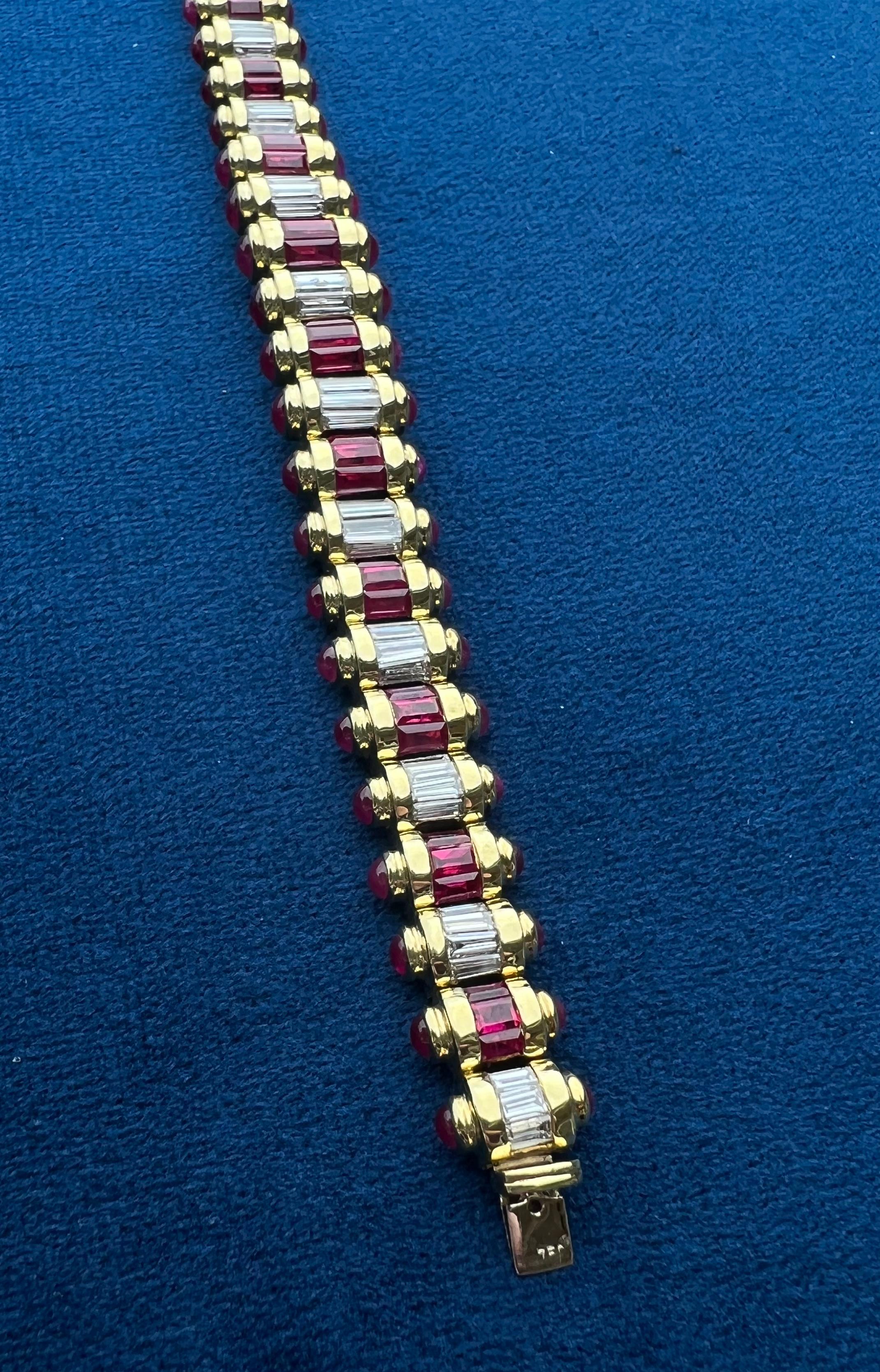 Baguette Cut Very Regal 32 Carat Art Deco Style Burmese Ruby and Diamond Bracelet !8K Gold