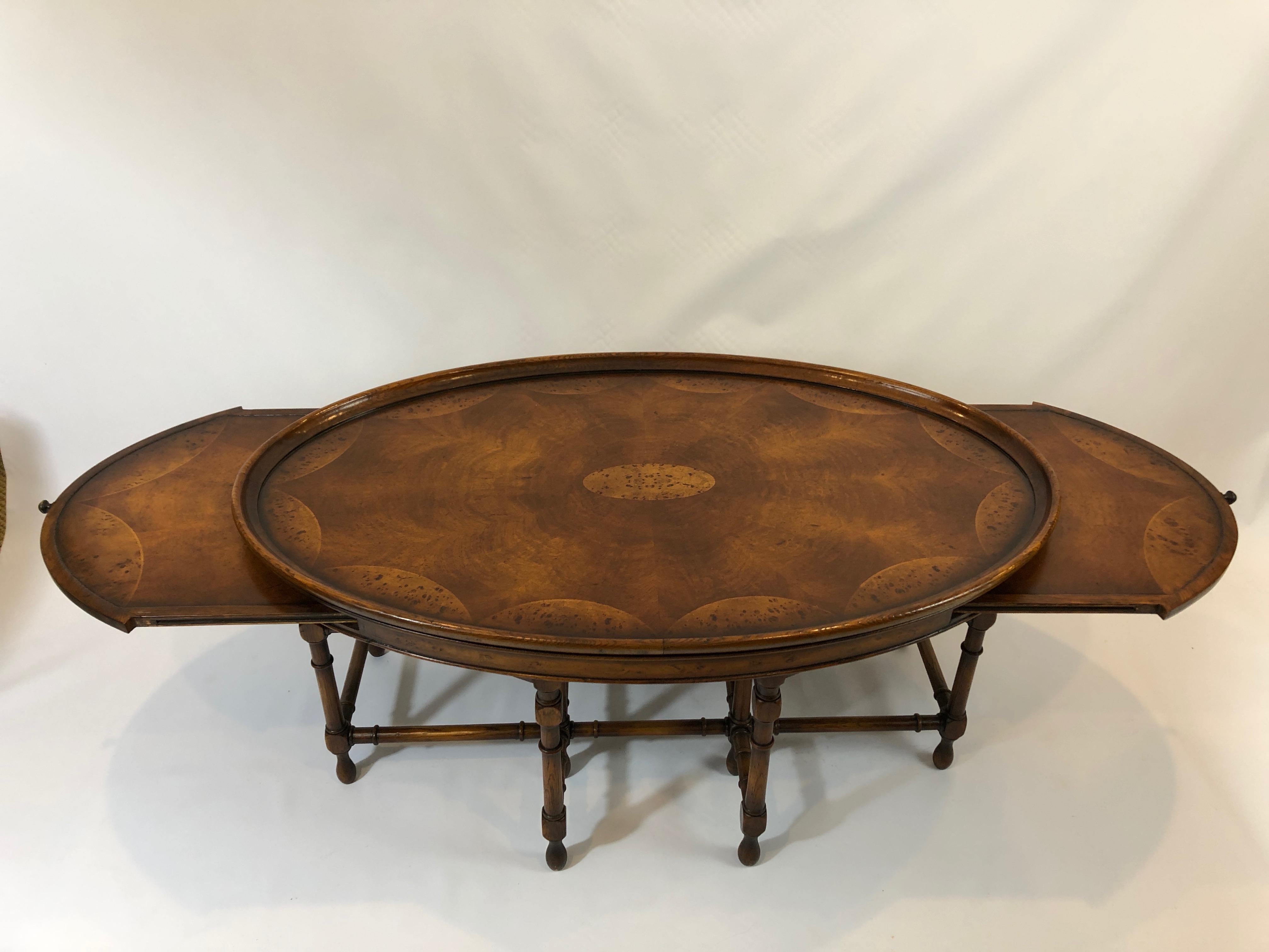Very Rich Handsome English Oval Inlaid Burl Wood Coffee Table In Excellent Condition In Hopewell, NJ