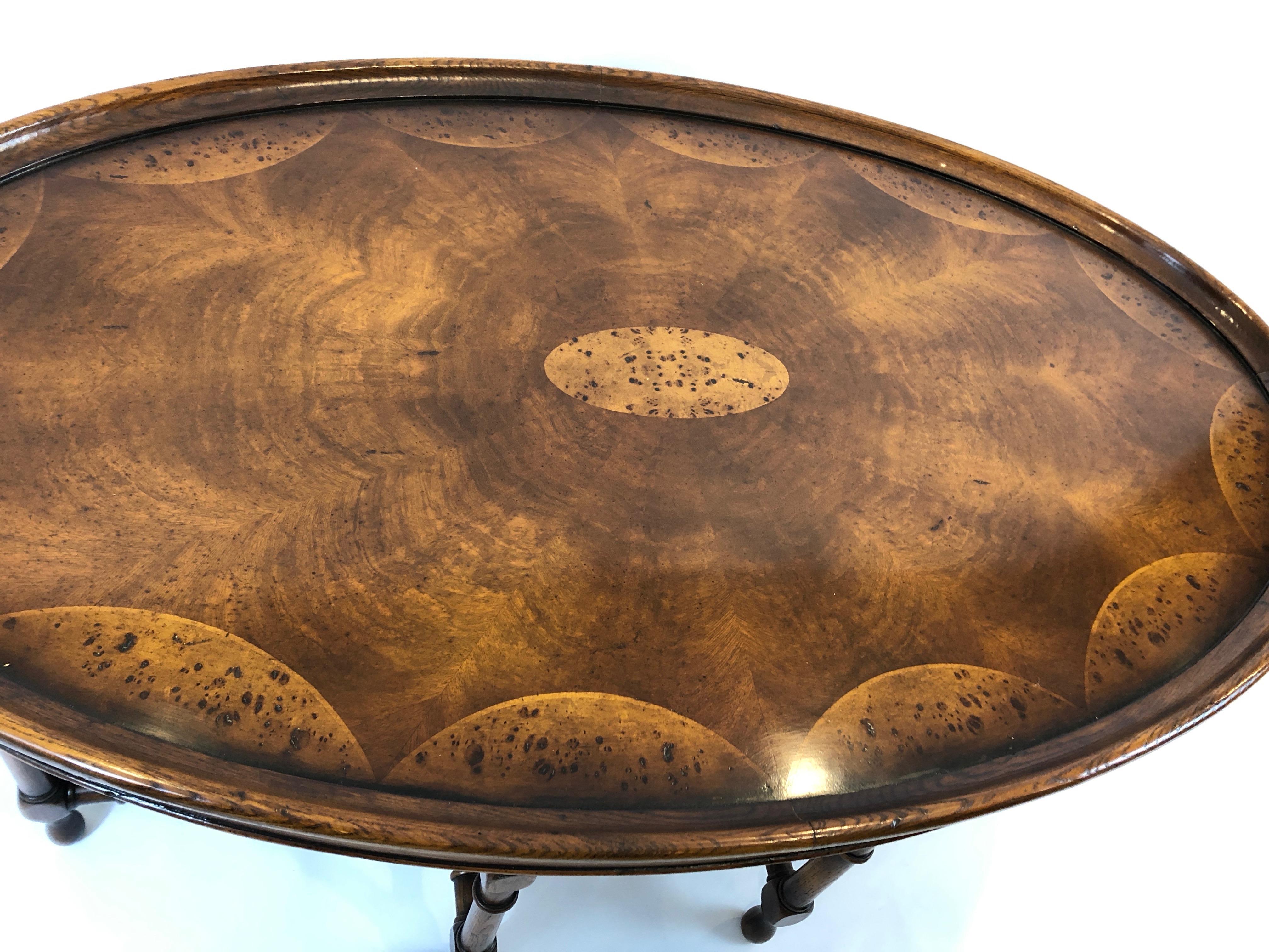 Oak Very Rich Handsome English Oval Inlaid Burl Wood Coffee Table
