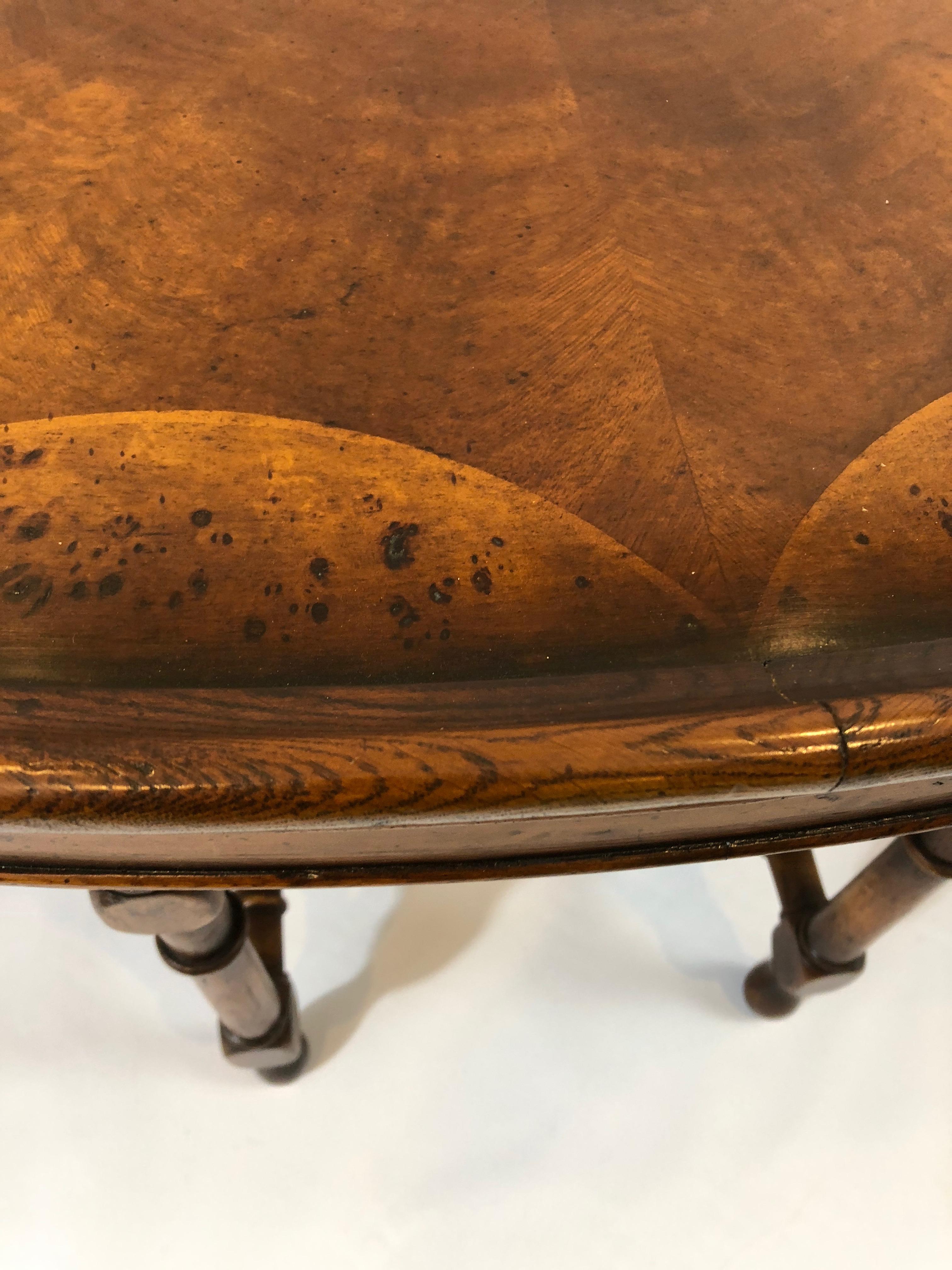 Very Rich Handsome English Oval Inlaid Burl Wood Coffee Table 3